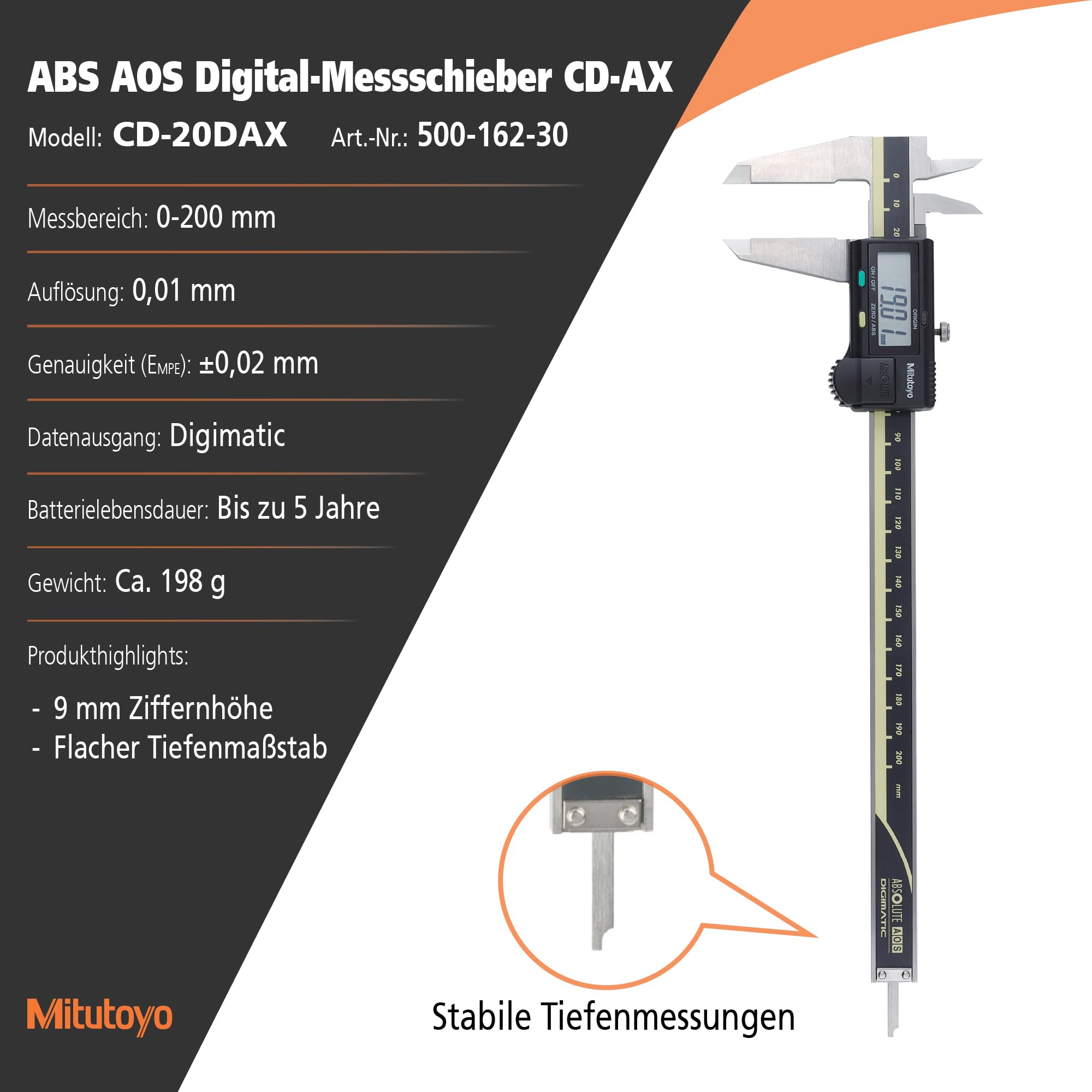 MITUTOYO Digital Messschieber mit Datenausgang DIN 862, ohne Antriebsrolle, Messbereich 0-200 mm, 1 Stück,500-162-30 | 0,01 mm, gespeicherte Quelle, Datenausgang, Batterie 18.000 h