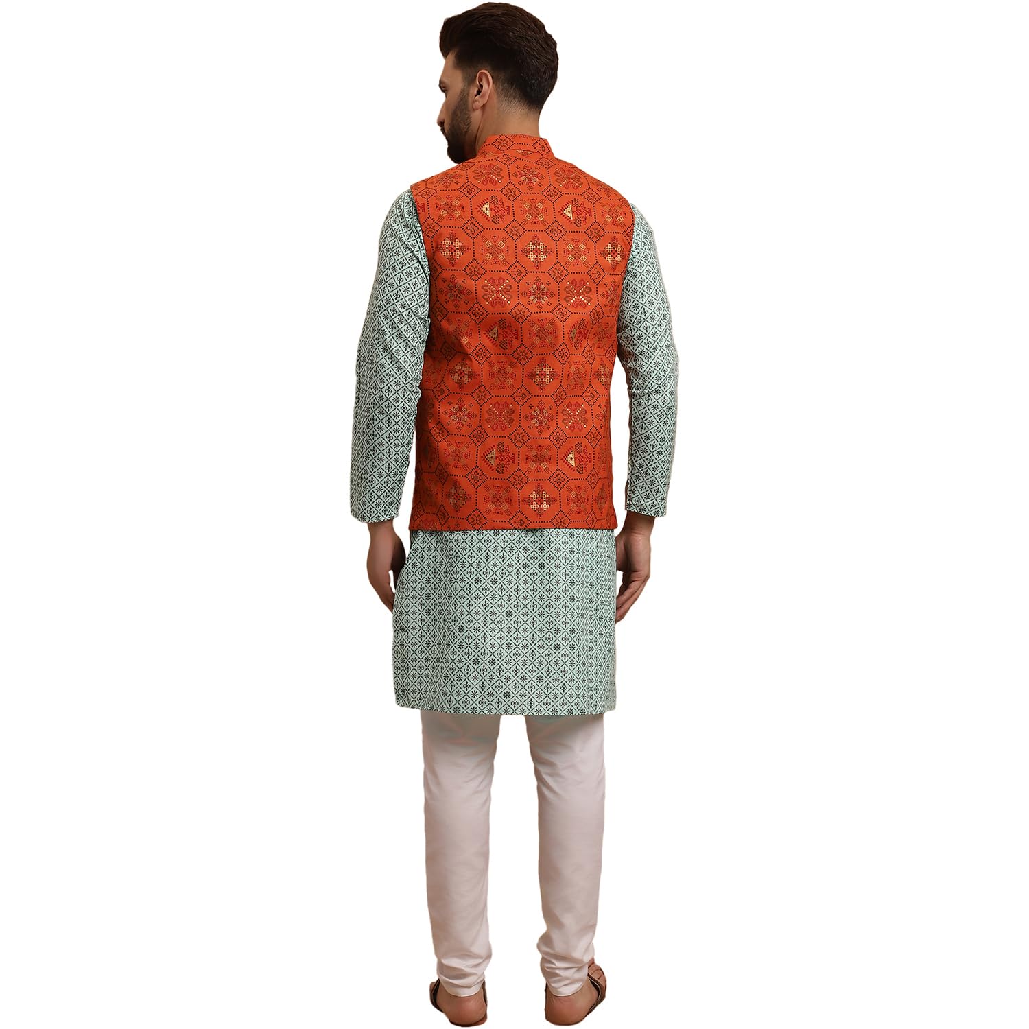 Sojanya (Since 1958 Men's Cotton Linen Sea Green Kurta And White Pyjama With Orange Cotton Nehru Jacket