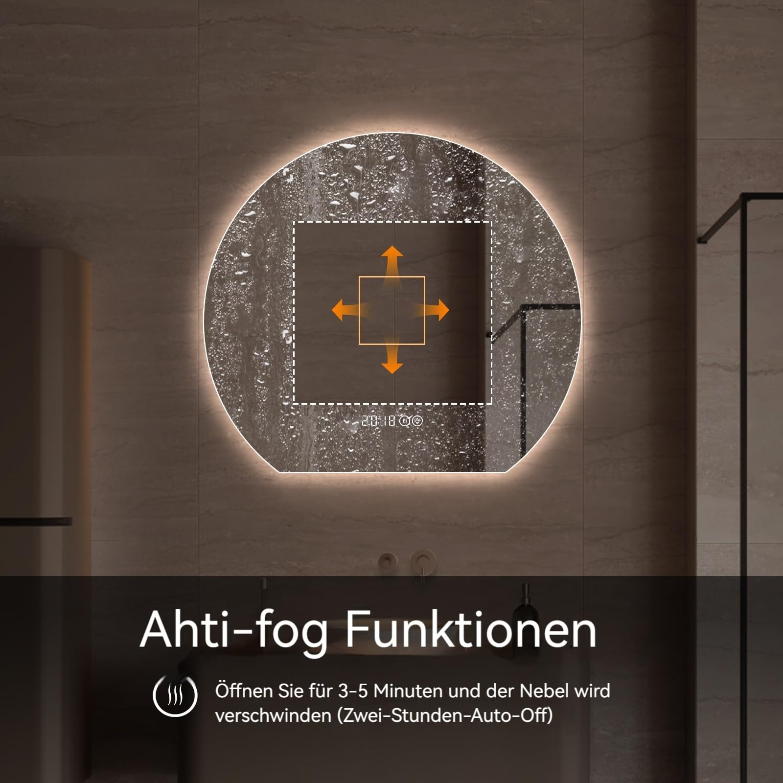Gecheer LED-Badezimmerspiegel, 80 cm Durchmesser, integrierte Beleuchtung, dimmbar, 3 Farben (3000/4000/6000K), beschlagfrei, rund, für Make-up, Rasur, für Moderne Badezimmer, Schlafzimmer