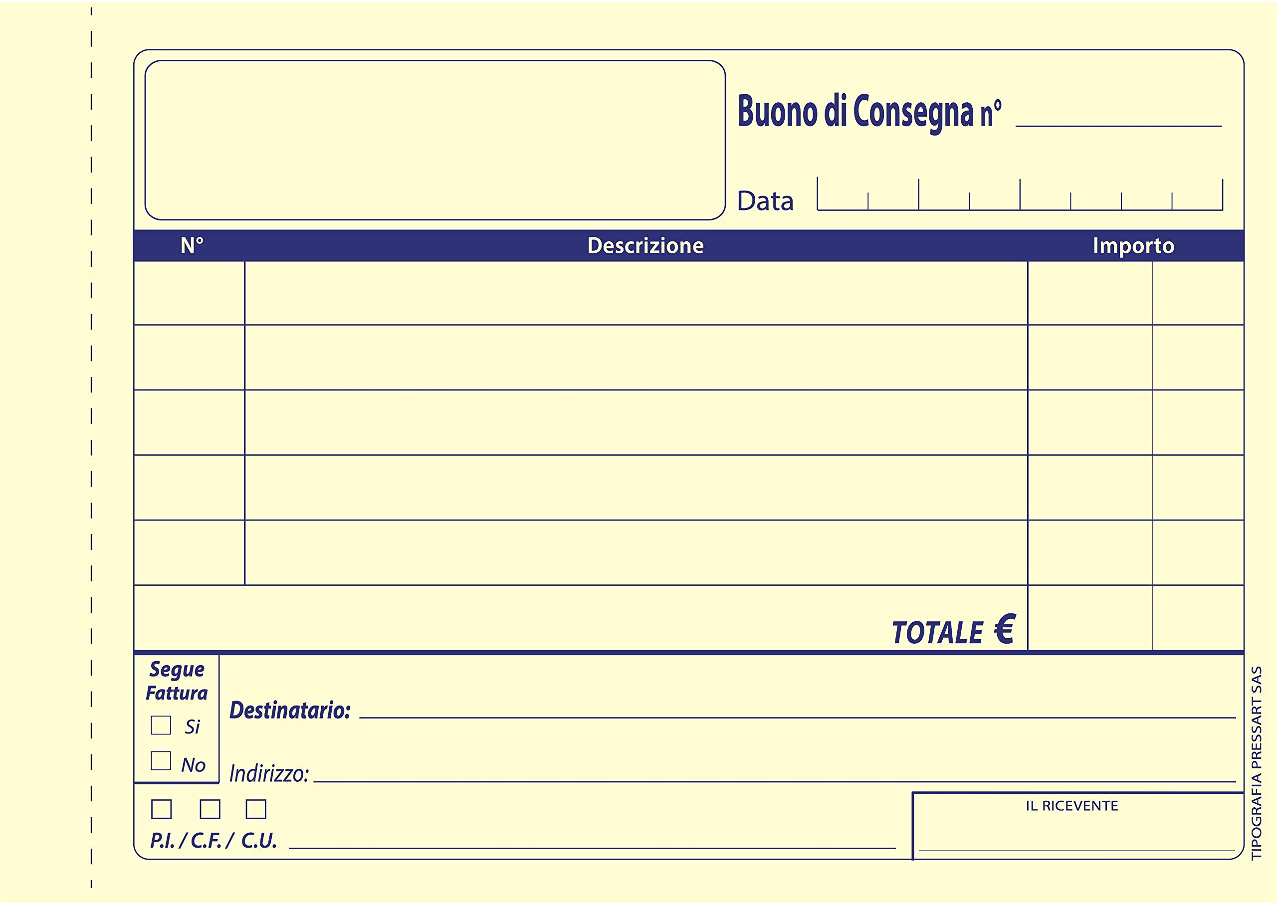 Pressart bc10175 - Buoni di consegna duplice copia 5 blocchi da 50 x 2 - formato 10 x 17 - prima copia carta bianca seconda gialla - gr. 60