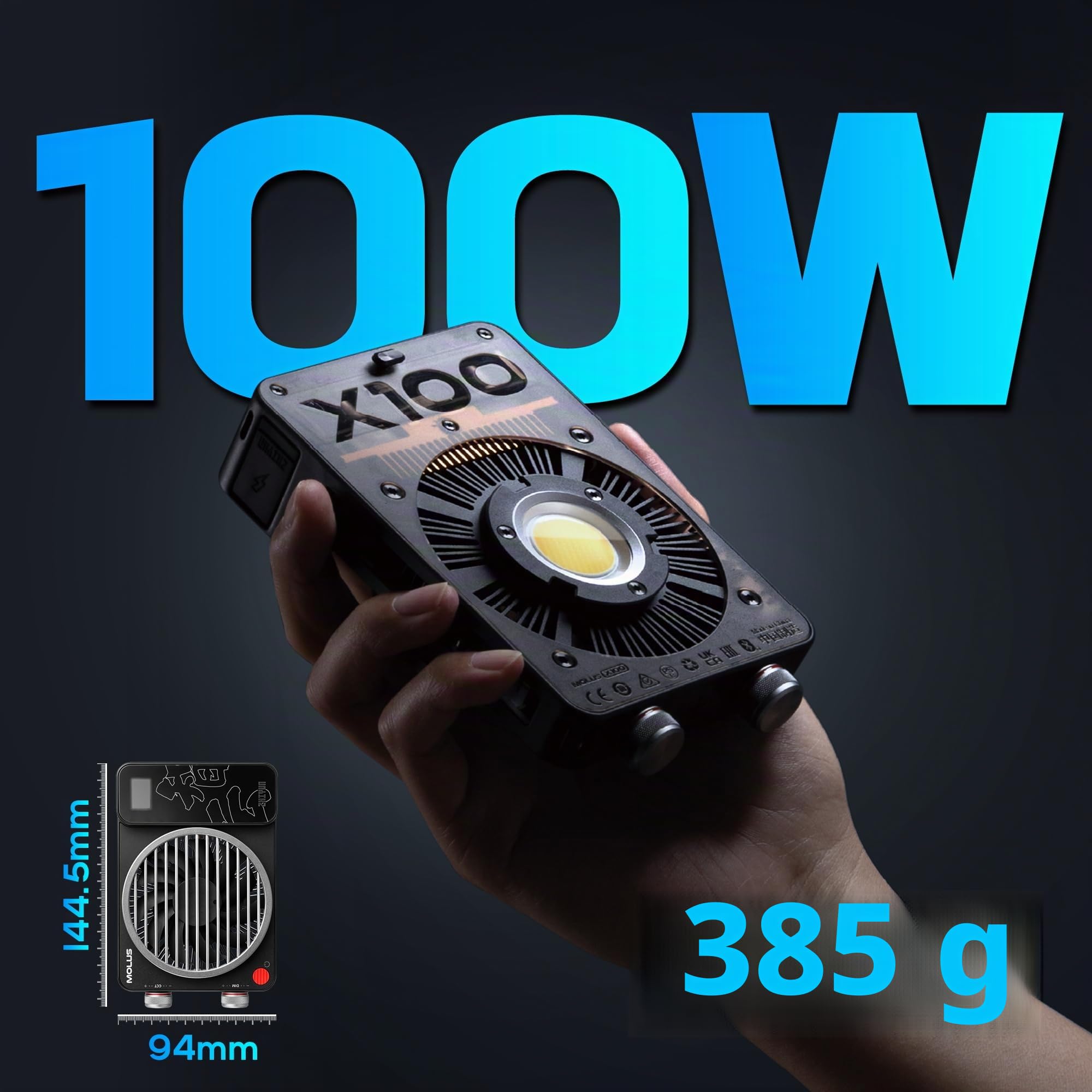 ZHIYUN MOLUS X100 [Ufficiale] Luce video 100 W, COB LED Illuminazione video portatile, Bi-Color Streaming Lampada con 17317 Lux/ 2700~6500K/ CRI≥95/ TLCI≥97/ Controllo APP, Batteria non inclusa