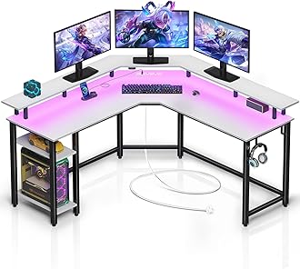 – Rolanstar L-Shaped Gaming Desk with LED Lights, Power Outlets, Corner Computer Desk with Storage Shelves - PC Writing Table for Home Office, White (135x135x86cm)