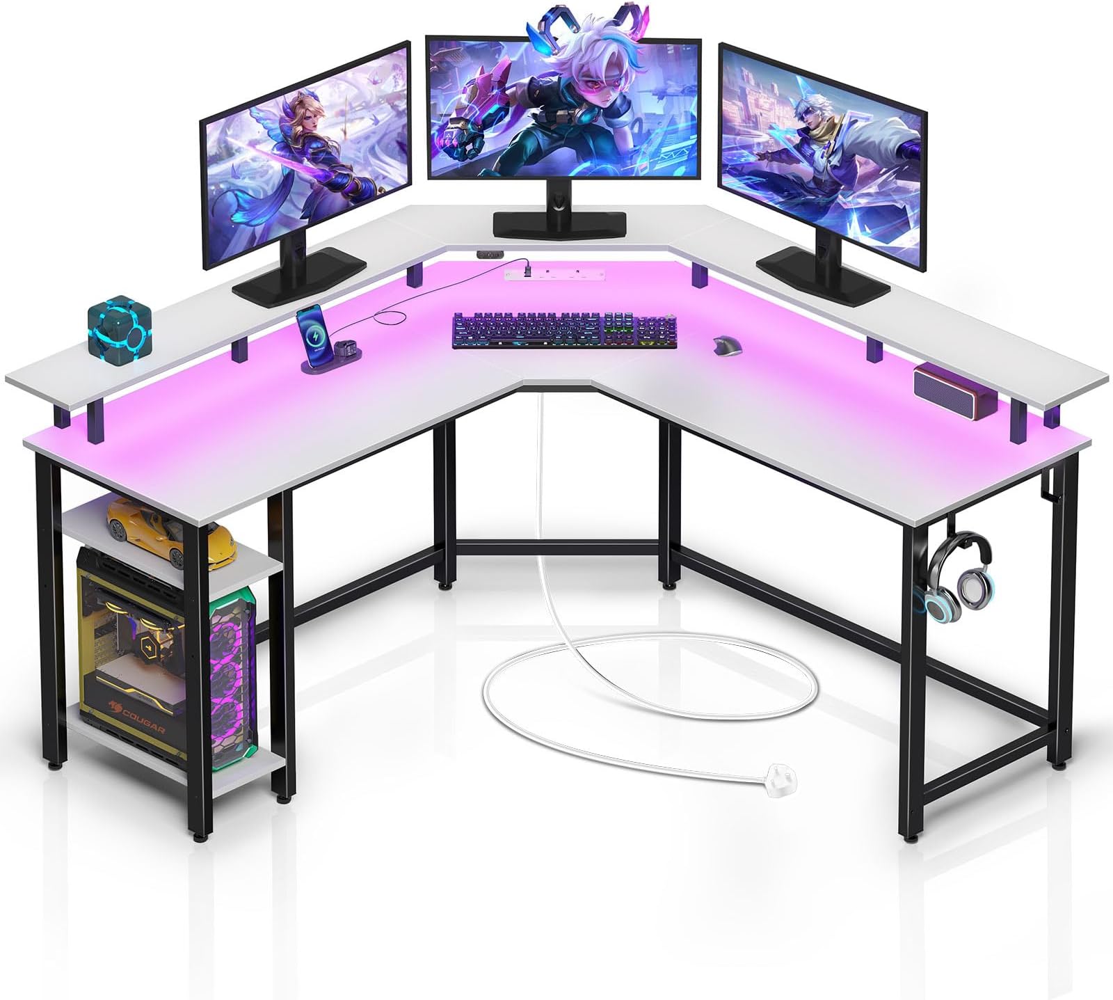 Rolanstar L-Shaped Gaming Desk with LED Lights, Power Outlets, Corner Computer Desk with Storage Shelves - PC Writing Table for Home Office, White (135x135x86cm)