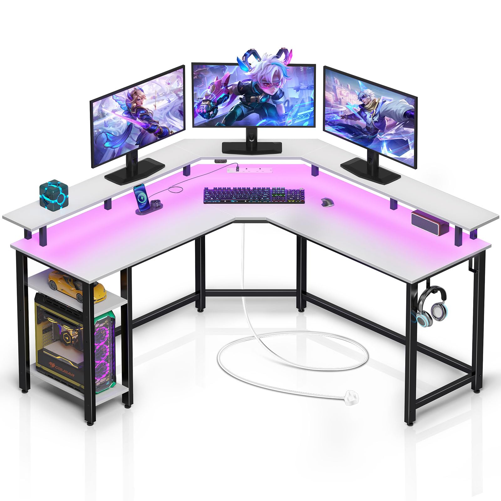 – Rolanstar L-Shaped Gaming Desk with LED Lights, Power Outlets, Corner Computer Desk with Storage Shelves - PC Writing Table for Home Office, White (135x135x86cm)