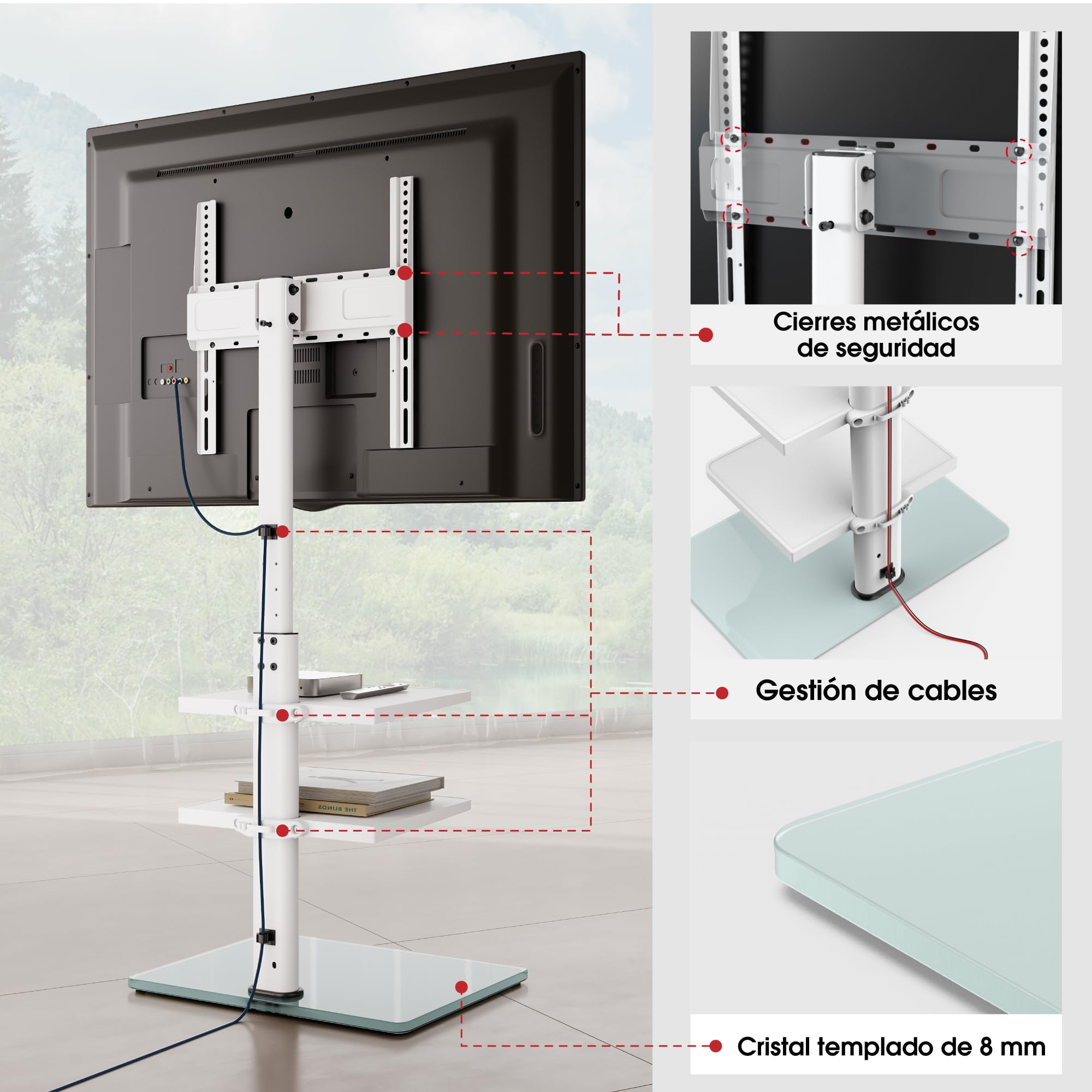 AOKCOS Soporte de TV para 32 a 70 Pulgadas, Soporte de Suelo para TV de 1350 mm de Altura, Ajustable en Altura, Giratorio, Inclinable, Soporte de TV con 3 Estantes (Blanco)