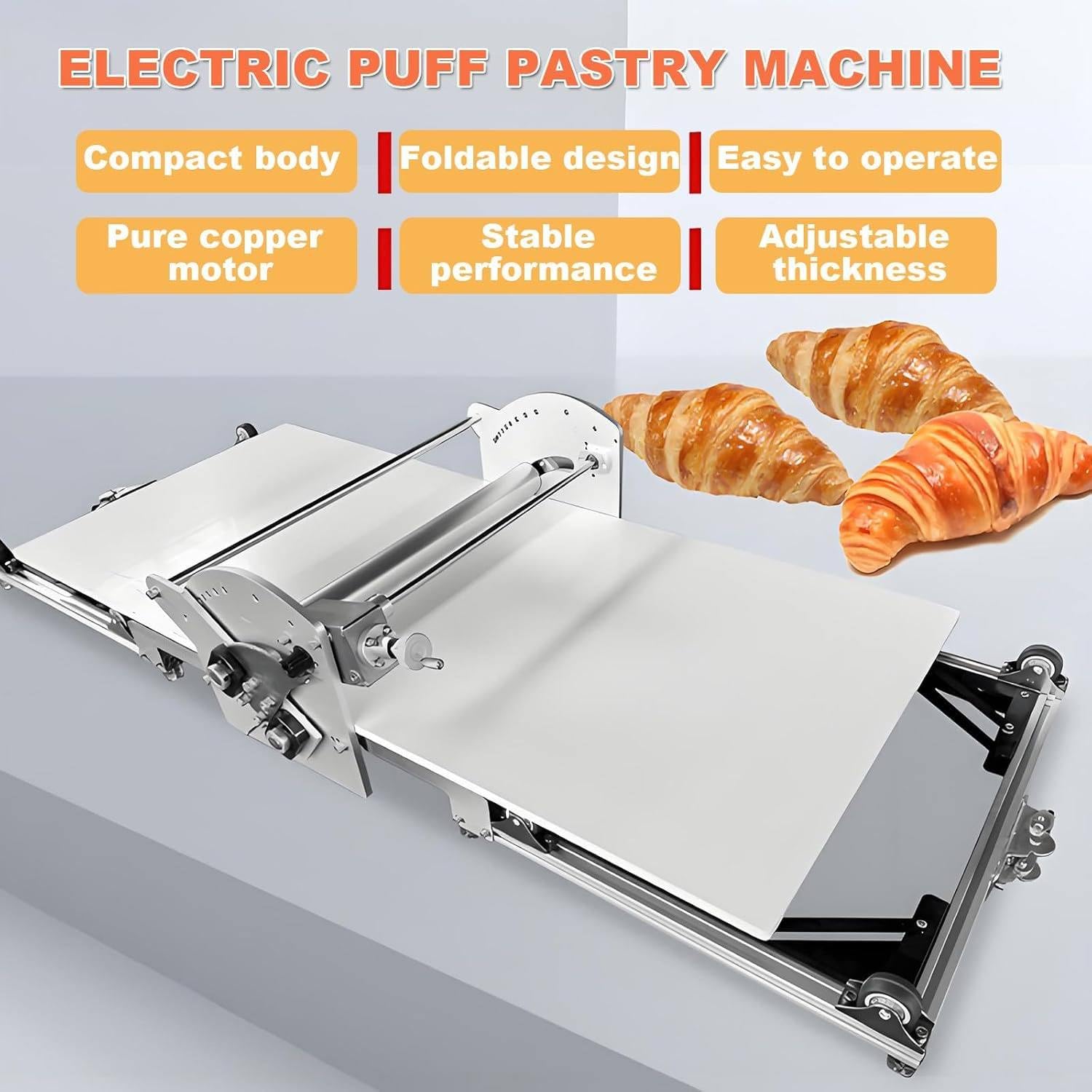 Sfogliatrice Pasticceria Elettrico in Acciaio Inox con Tavola Grande, Macchina per Pasta Sfoglia, Spessore Regolabile, Laminatrice per Pasta per Panetteria, Pizza e Croissant