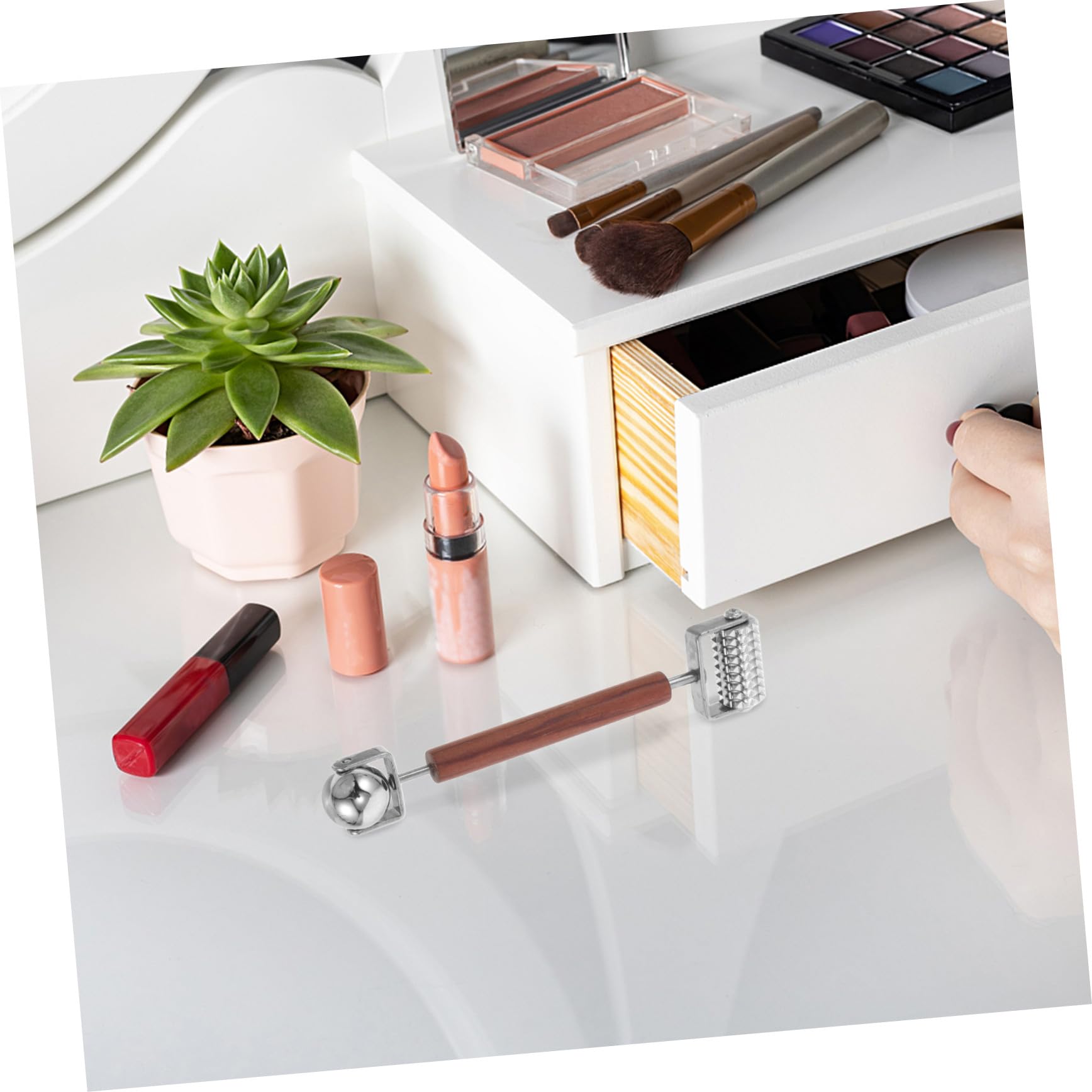 PACKOVE Massaggiatore per Cura della Pelle in Legno e Acciaio Inossidabile Rullo 3d Assorbimento Skincare e Rilassamento Muscolare, Design Doppia Estremità Argento per Massaggio Viso
