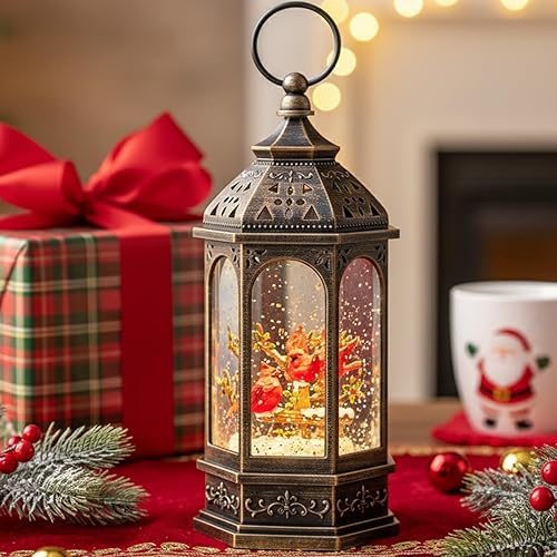 Miniatura 2 de Linterna de globo de nieve de Navidad con brillo de agua de 10.5 pulgadas, cardenal con música y temporizador, con forro USBfunciona con pilas,