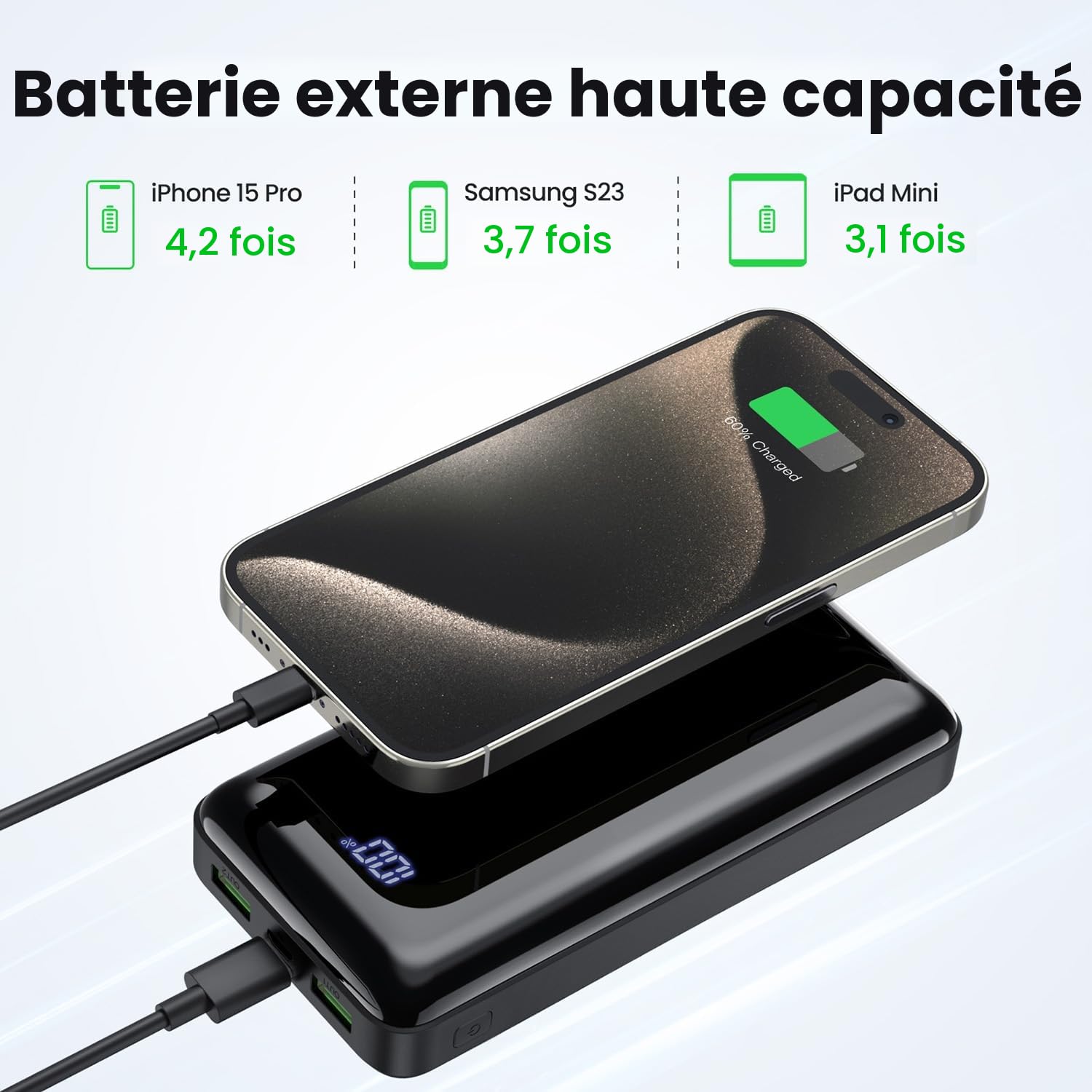 Batterie Externe 27000mAh 22,5W PD20W Power Bank Charge Rapide, Chargeur Portable USB C avec Affichage LED, Compatible avec iPhone 16 15 14 13 12 Pro Samsung