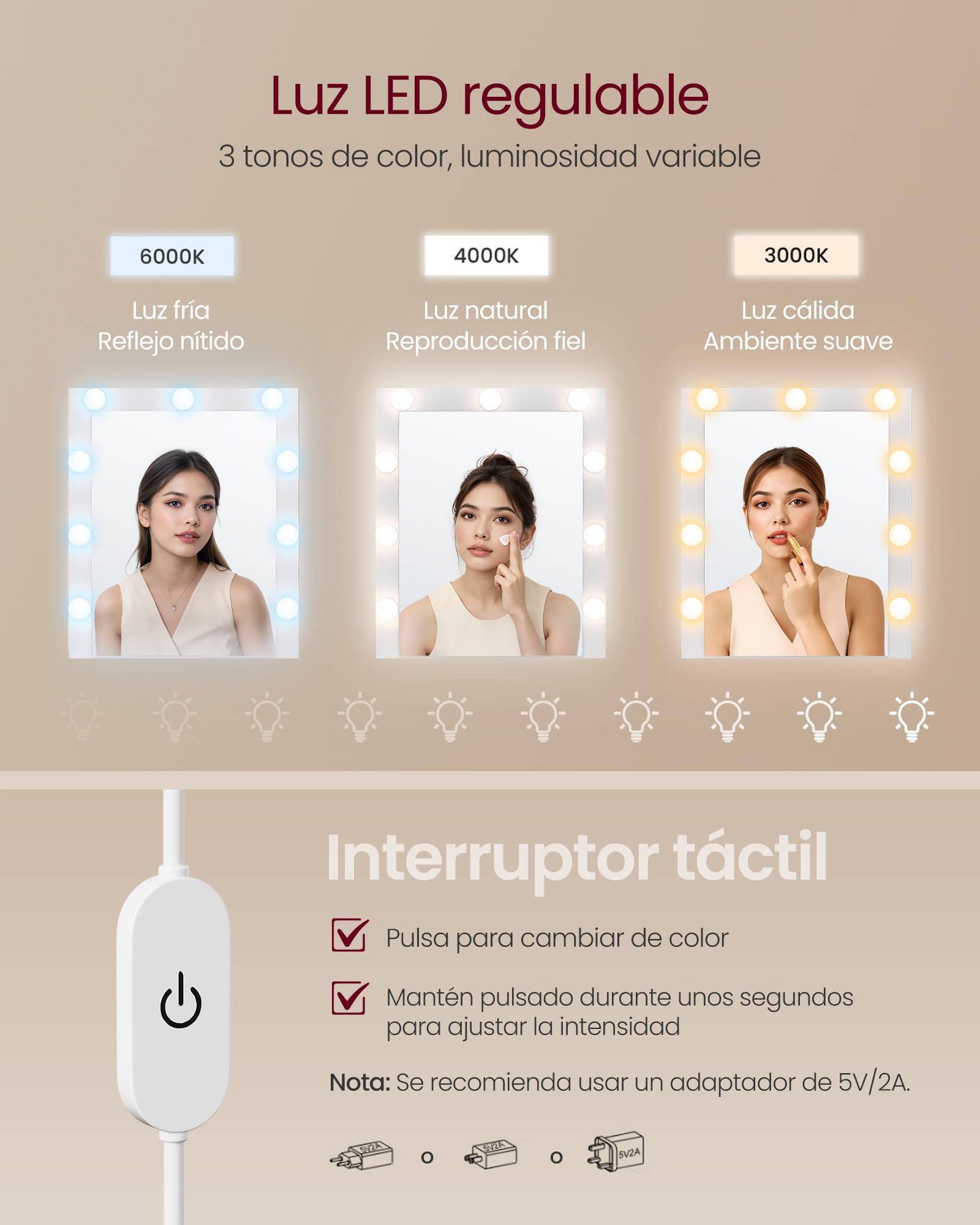 VASAGLE Kailyn Colección - Tocador con Espejo LED y Regleta, 9 Bombillas, 8 Cajones, 3 Estantes, Iluminación de 3 Colores, Modular en Línea o en L, Mesa de Maquillaje, Blanco Nube RDT140WB01