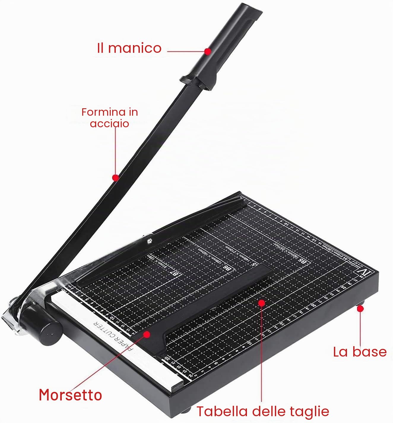 Taglierina di carta A3 B4 A4, formato A4, 32,5 x 25 x 3 cm, sicurezza salvaguardare, base in metallo, nero (A4)
