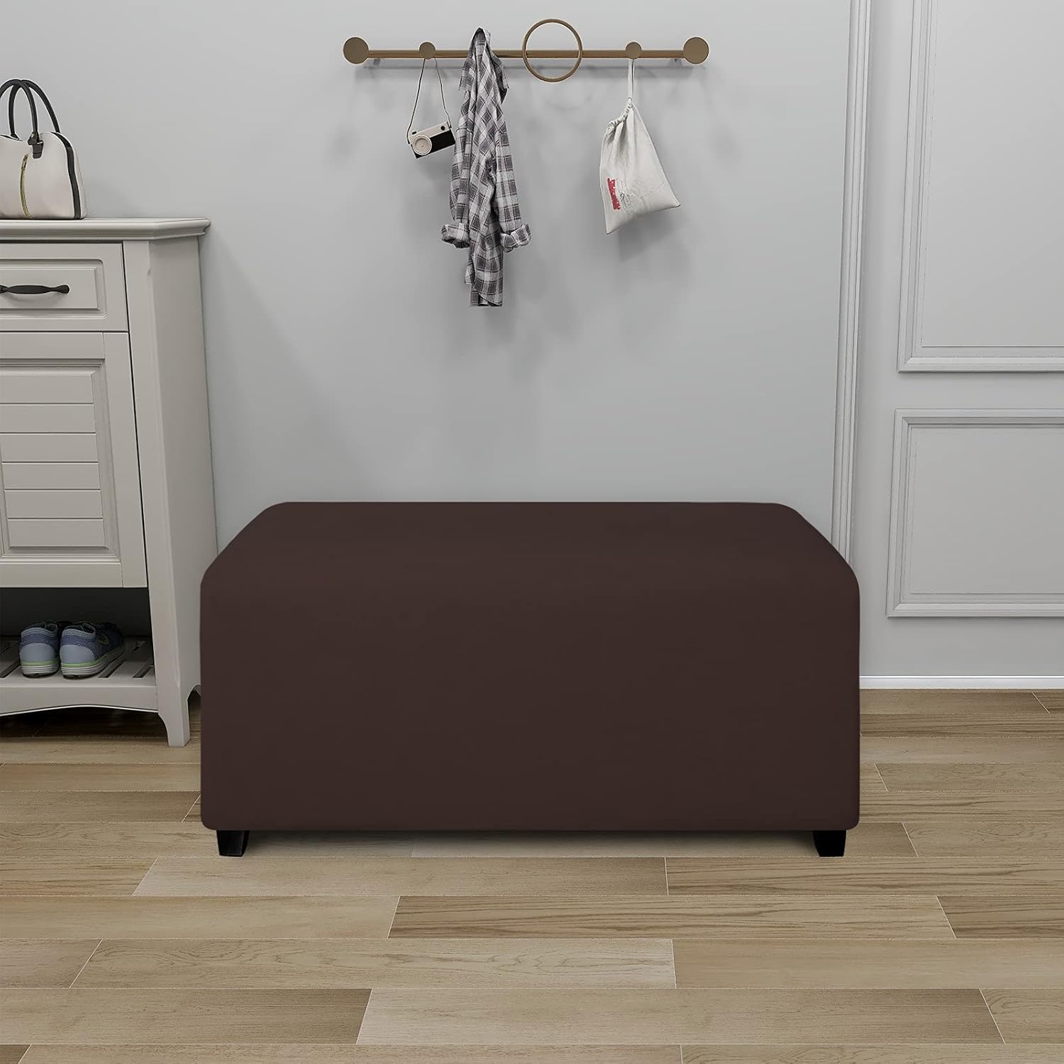 PureFit Super Stretch Soft Form Fit Ottoman Cover Rectangle - Ottoman Slipcovers for Foot Stool & Folding Storage Furniture for Living Room with Nonslip Elastic Bottom (Large, Chocolate)