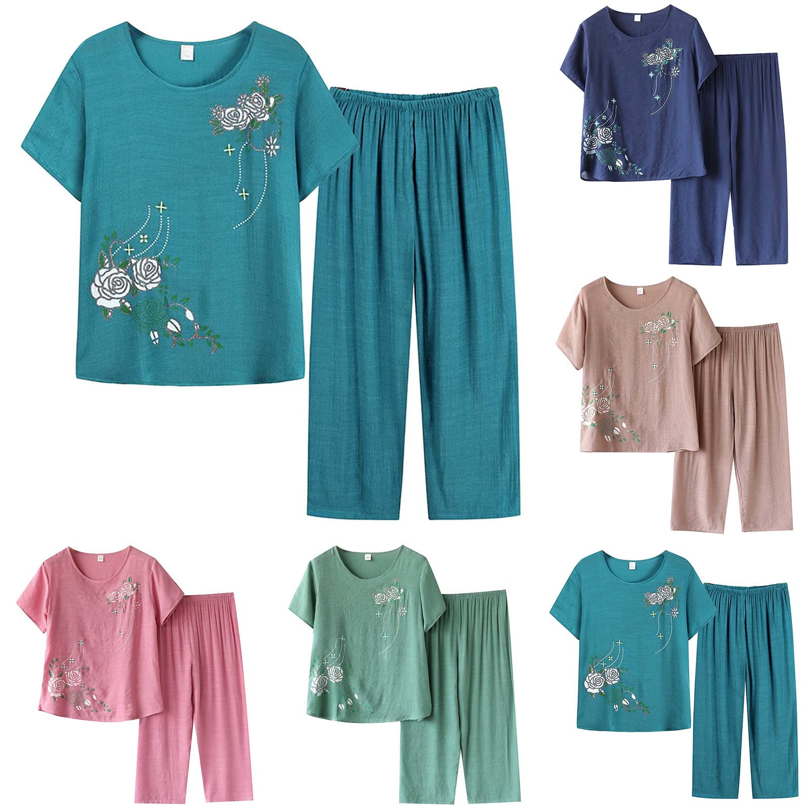 VEMOW Conjunto Chándal Mujer de Verano Traje de Dos Piezas de Camiseta Top Manga Corta Cuello Redondo y Pantalones de Cintura Alta Pijamas Mujer Holgado Camisa Vestir Fitness Mujers Suelto