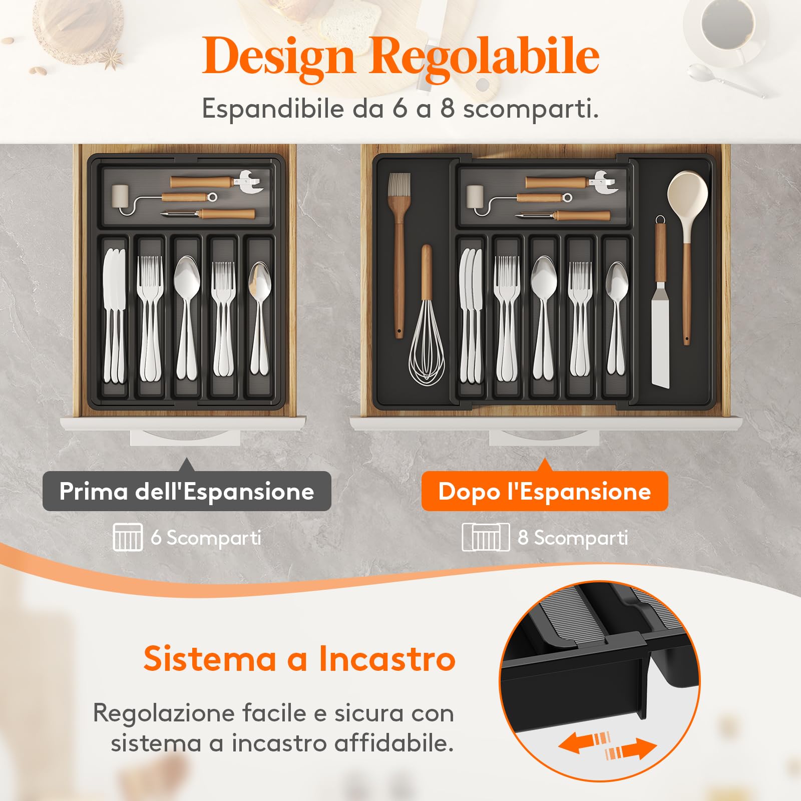 Lifewit Portaposate da Cassetto Espandibile, Larghezza 33-57 cm, Organizer Utensili per Cucina Salvaspazio, Accessori Cucina per Cucchiai, Forchette, Profondità 42,4 cm, con TPR Antiscivolo, Nero