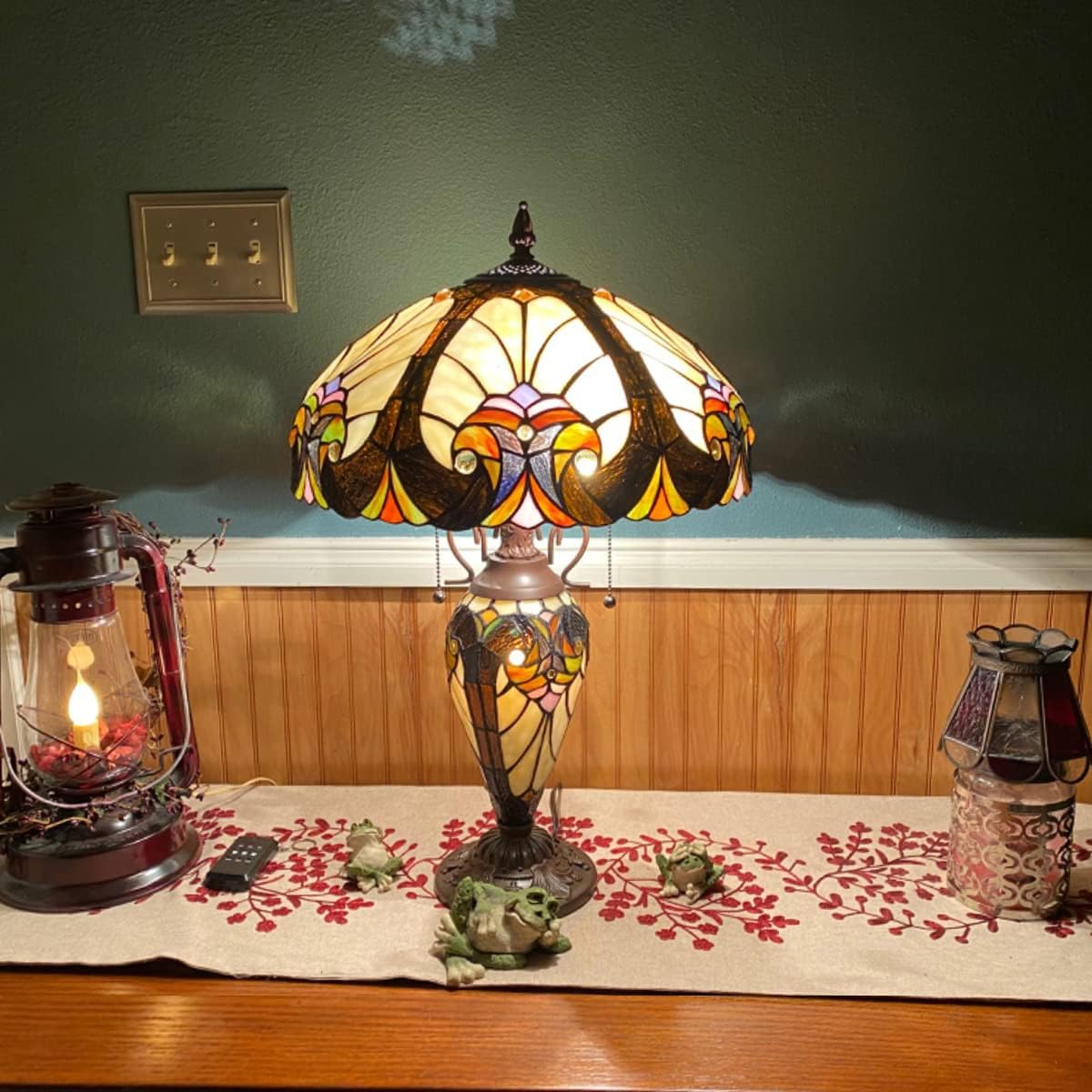 Tiffany Table Lamp Night Light 16" Wide Handmade Stained Glass Lamp Shade 3 Light Amber Cream Victorian Style Vintage Table Lamp for Home and Office
