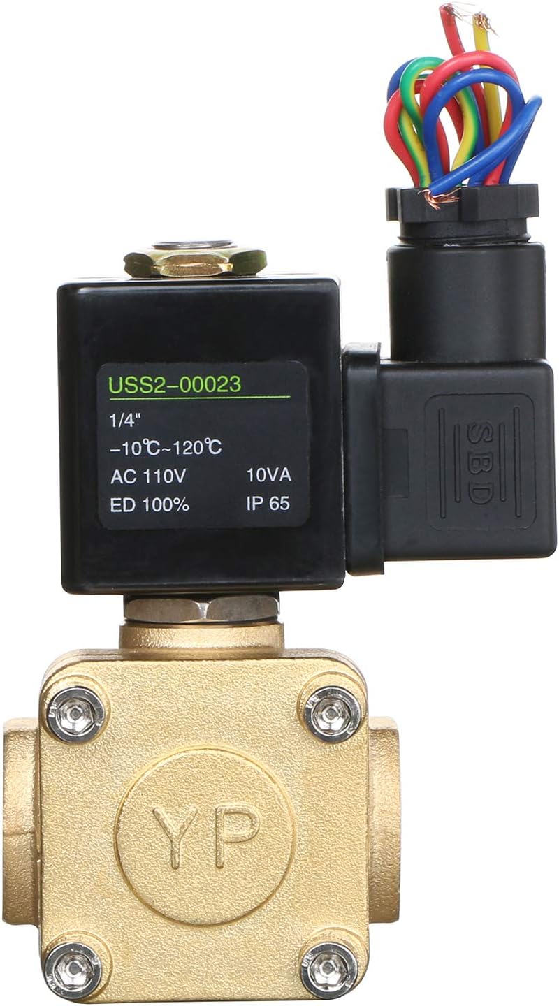 U.S. Solid 1/4" Brass Electric Solenoid Valve, 110V AC Normally Closed, 1.5Cv Flow, VITON Seal, FNPT Threaded, Pilot-Operated, 232 PSI, -10~120°C for Water, Air, Oil