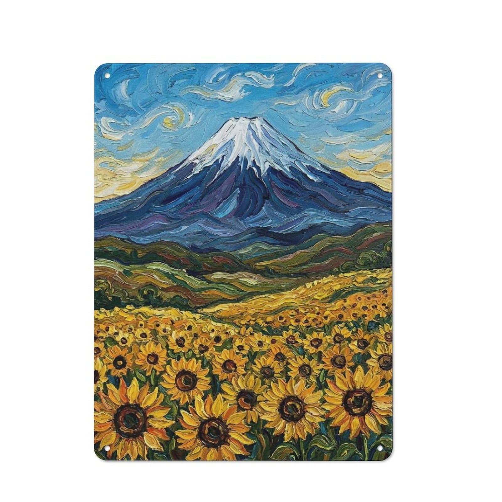 Junmoney Style-22 For Café Or Restaurant, Mount Fuji And Sunflowers Painting Retro Metal Sign 40X30cm, Gift For Café Owners And Decorators During The Christmas Season