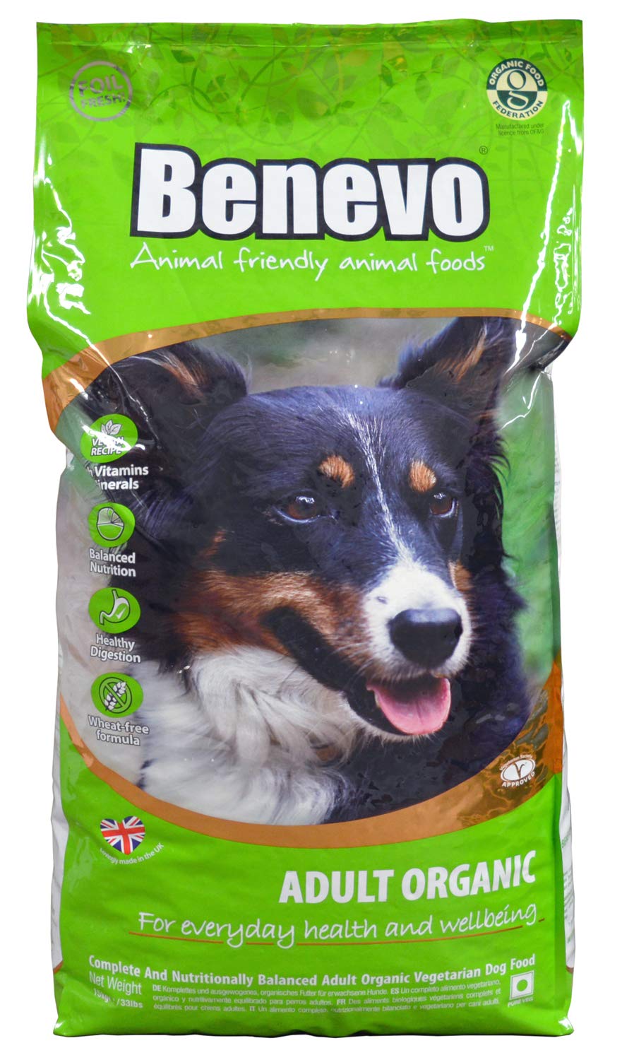 Benevo Organic dog food. Complete meat-free dry dog food. Wheat free dried kibble, hypoallergenic & healthy. Holistic & non-gm, 15kg