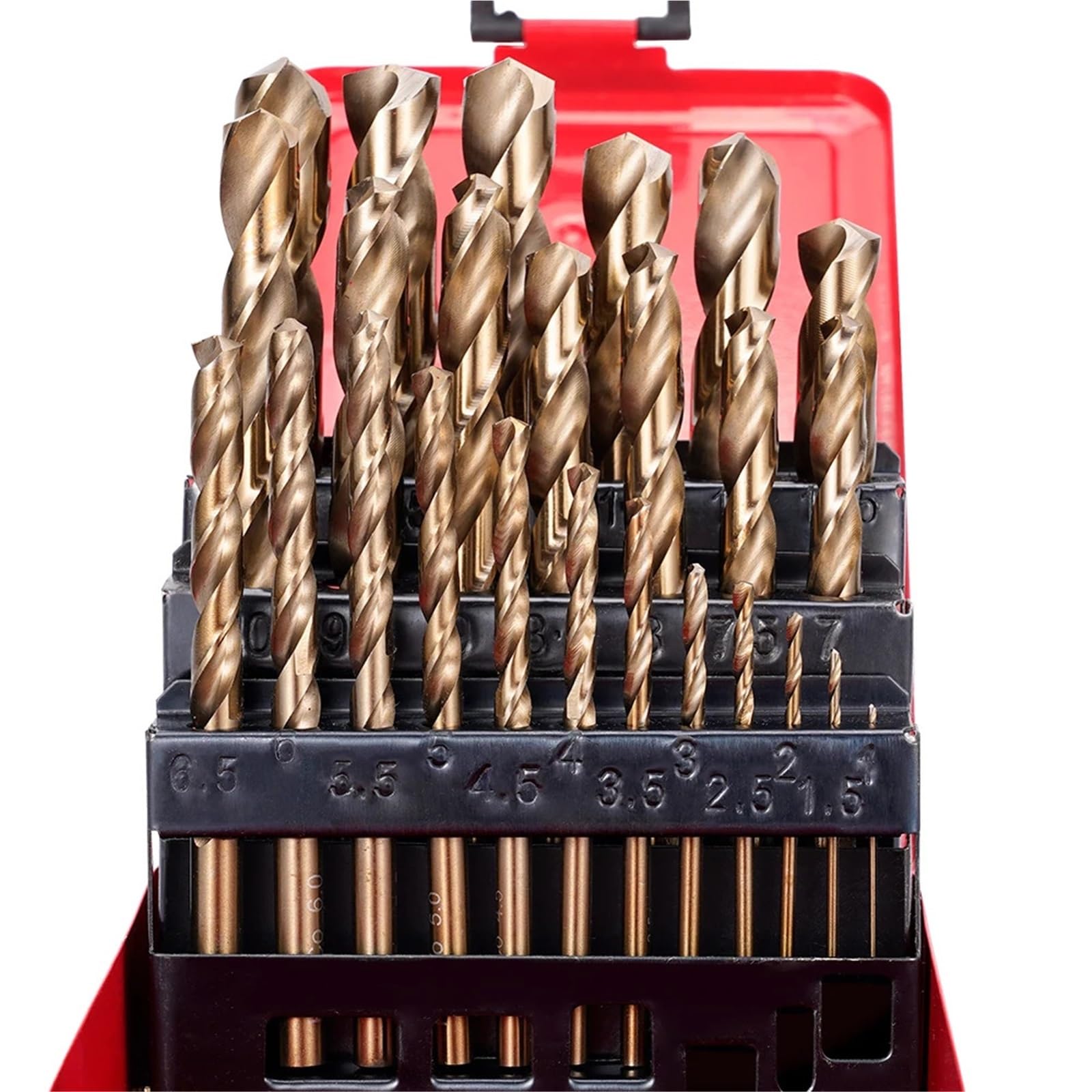 Juego de brocas para taladro rotativo Juego de brocas helicoidales métricas M35 HSS-Co acero alta velocidad con 5% cobalto y estuche metálico for inoxidable, madera metalurgia(25pcs box)