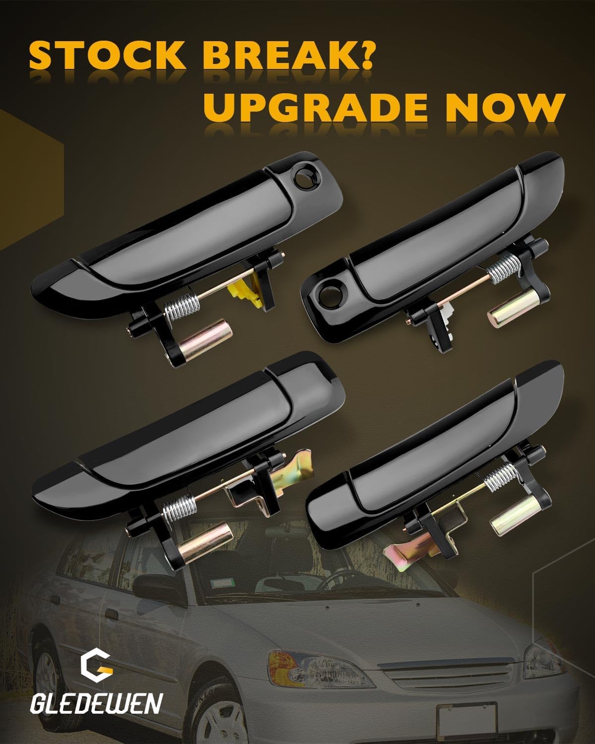 Exterior Door Handles w/ Lock Cylinder & Key, Compatible with 2001-2005 Honda Civic, Smooth Black Outside Front & Rear Left Driver & Right Passenger Side Door Handle Kit, Replace# 72180S5DA02, 4PCS