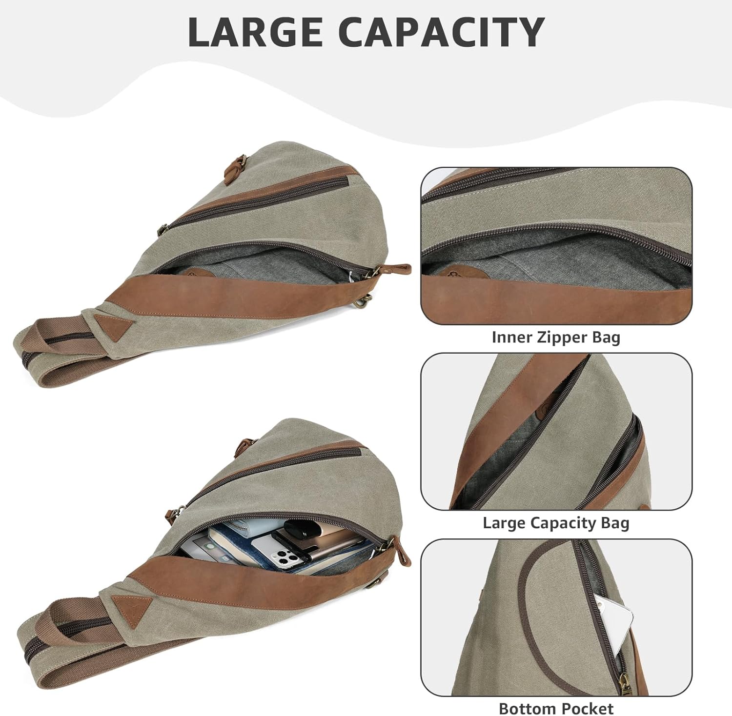 KL928 Canvas Sling Bag for Men Women, Genuine Leather Design Shoulder Crossbody Bags Backpacks Travel Daypack (Olive Green)