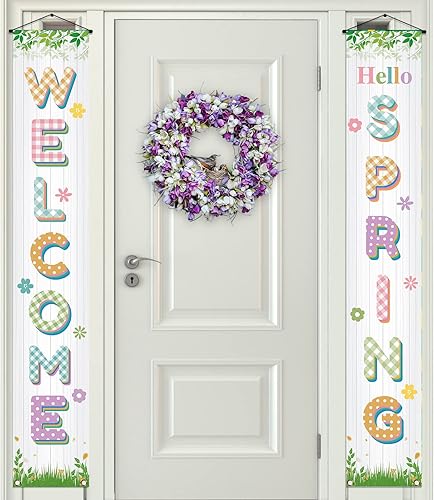 Miniatura 2 de Vohado Letrero colgante con temática de Pascua de Hello Welcome Spring Happy Easter para puerta de porche delantera, decoración interior y exterior