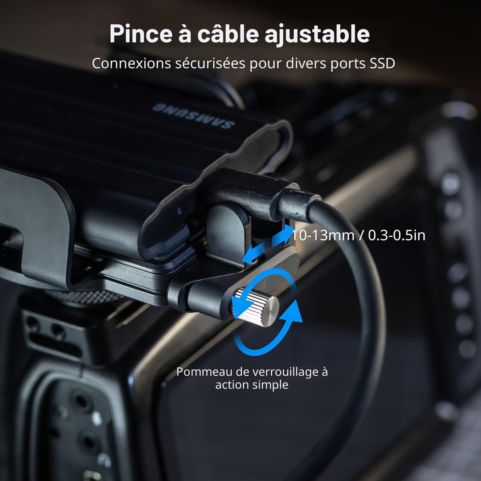 SMALLRIG Support Universel ssd avec Serre-câble pour Griffe de Flash, Largeur de Serrage 40 à 60 mm, Compatible Samsung T5/T7 et Sandisk SSD, pour iPhone et appareils Photo