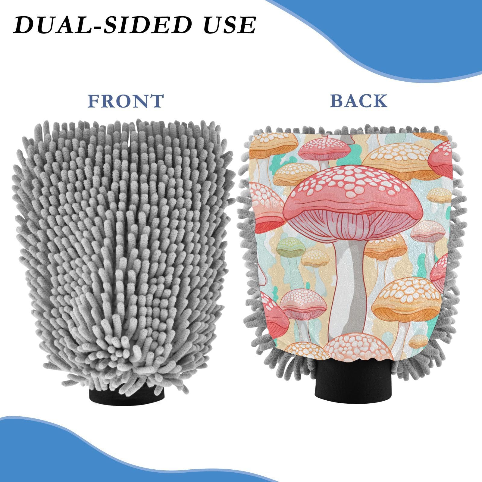 IOACIY Absorbent Microfiber Car Wash Drying Mitts, 2 Pack, Scratch-Free & Lint-Free, Rich Foam, Highly Absorbent, Double Sided, Wash Mitt Perfect for Car Washing, L, Cute Mushroom (4)