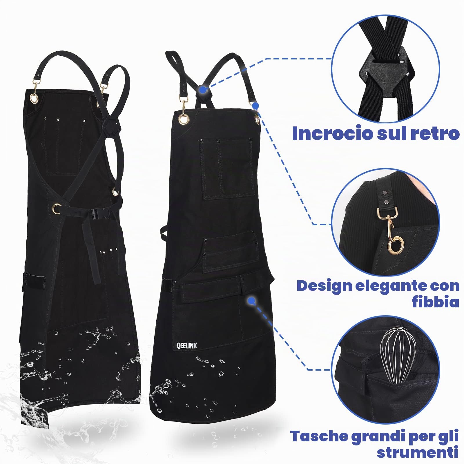 QeeLink Grembiule Cucina Uomo e Donna per Cuoco Ristorante e Griglia con 10 Tasche, Grembiule Barbecue Impermeabile con Cinturino Incrociato sul Retro, Regolabile da M a XXXL