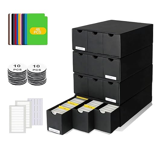 Trading Card Storage Box,12000+ Trading Card Organizer with 12-600 CT Boxes, 48 Dividers,Labels and Tapes - Card Sorting Tray for Collectible Card Games Sports Card Storage (12-600 CT Boxes)