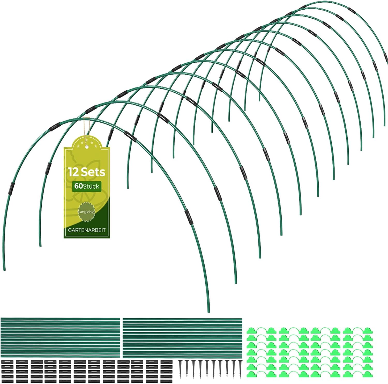 60Pcs Pflanztunnel Bögen,155×65cmFolientunnel für Hochbeet mit 154 Teilen，Pflanztunnel Bögen für Hochbeet,Frühbeet Tunnel DIY Pflanze Unterstützungfür Garten Zeile Abdeckung Pflanzen Obst Gemüse
