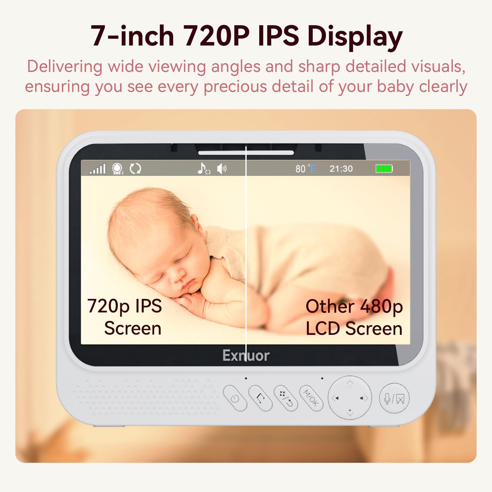 Monitor de bebé con cámara y audio, pantalla de 7 pulgadas, monitor de video para bebé sin WiFi, zoom remoto panorámico, sensor de temperatura, 8 canciones de cuna, VOX, visión nocturna, conversación