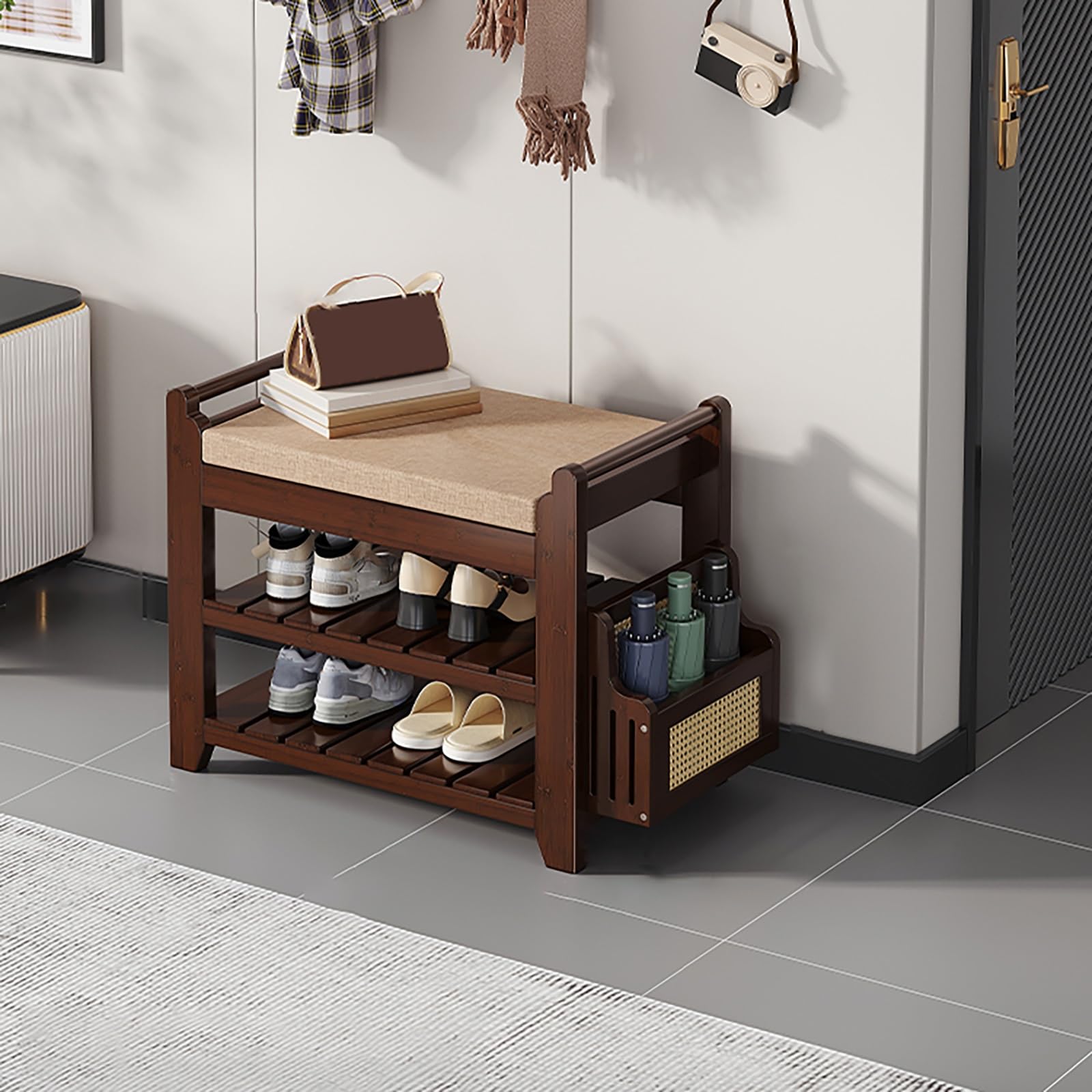 Banc à chaussures en bois à 2 niveaux noyer avec siège rembourré 60cm