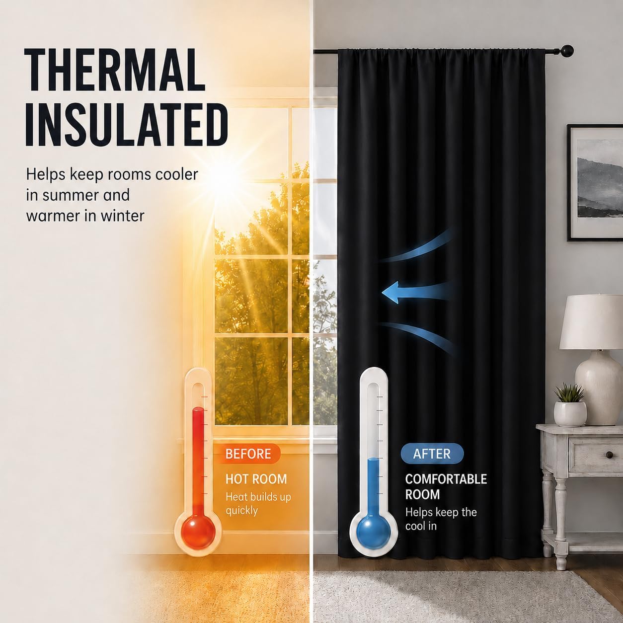Gwine Black Blackout Curtains for Bedroom 84 inches Long 2 Panels, Solid Thermal Insulated Noise Reducing Light Blocking Window Curtains Drapes for Living Room, Each 40Wx84L