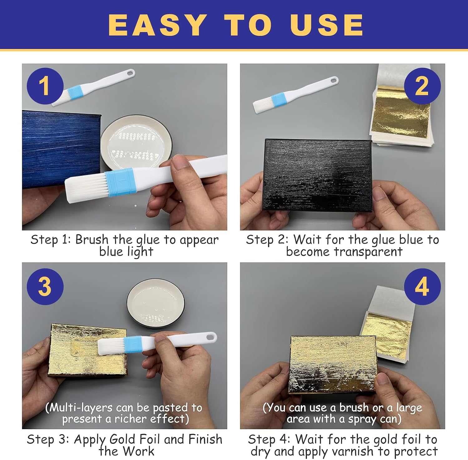 Ninesung Gold Leaf Gilding Adhesive Set, 100ml Water Based Glue and 100ml Varnish, 4 Colors Gold Leaf Sheets 100 pcs, 2 Brushes, Spray Bottle, Gold Leaf Kit for Craft, Painting and Arts