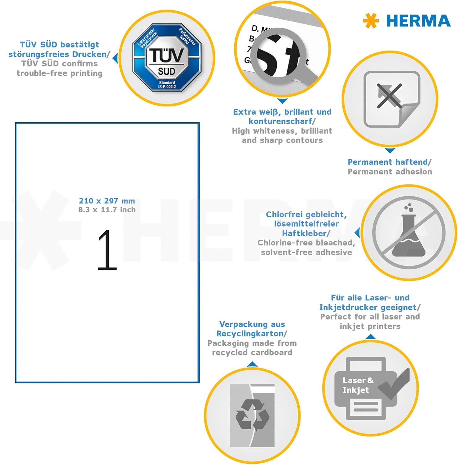 HERMA Self Adhesive Multi-Purpose Labels, 1 Label Per A4 Sheet, 10 Labels for Laser and Inkjet Printers, Large, 210 x 297 mm (8637)