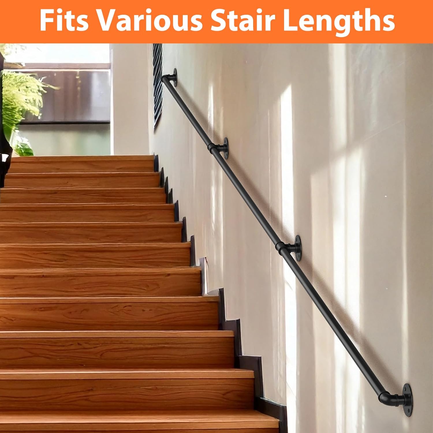 OUSHENG Stair Railing Indoor Hand Rails for Outdoor Steps, Industrial Pipe Handrail Metal Iron Handle Support for Wall Mount Staircase Porch, Vintage Farmhouse Style, 12ft