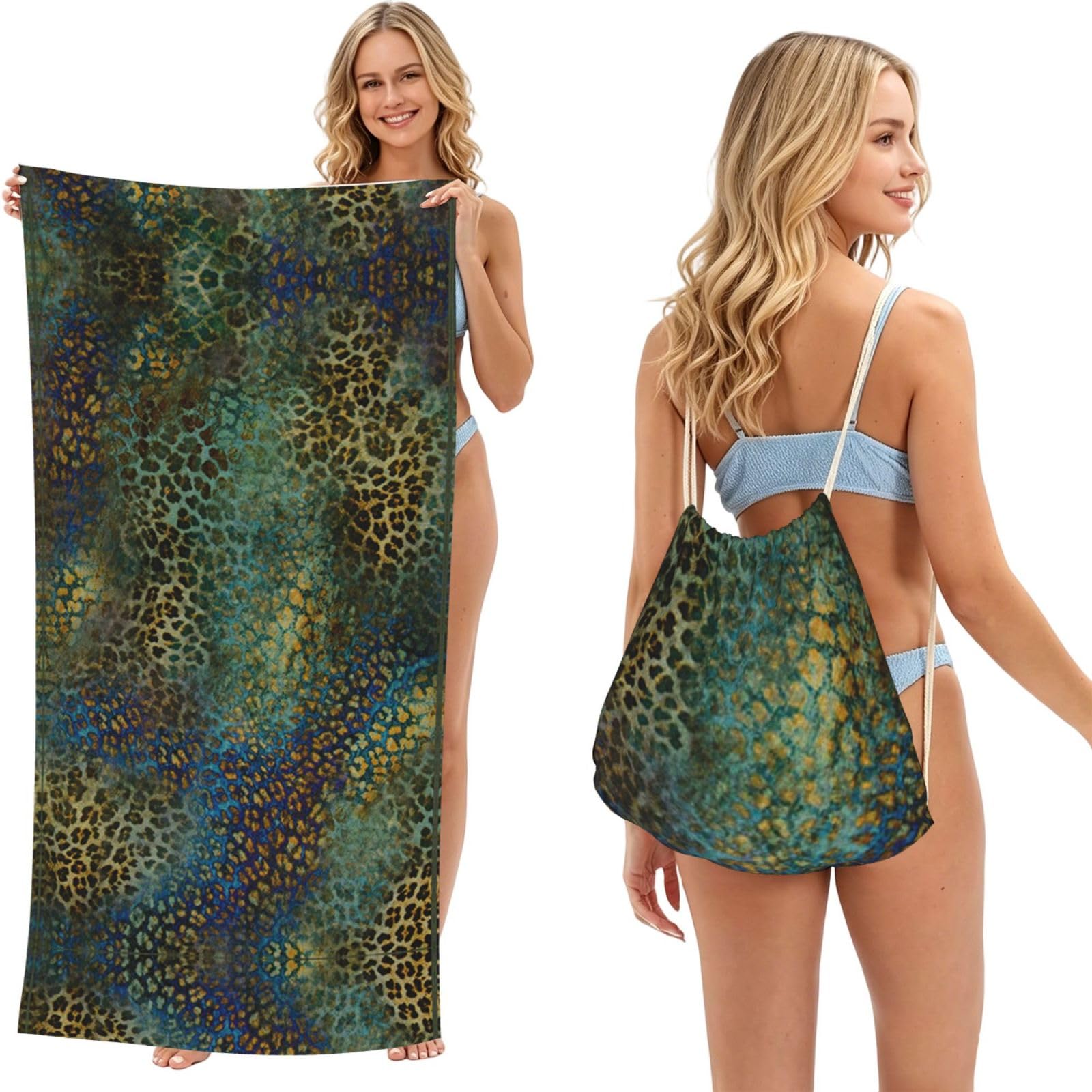 SATUSA Animal Print 2-In-1 Foldable Beach Towel Backpack – Camping, Yoga And Travel,Bath Towel With Built-In Storage, Convertible Beach Mat & Carry Bag