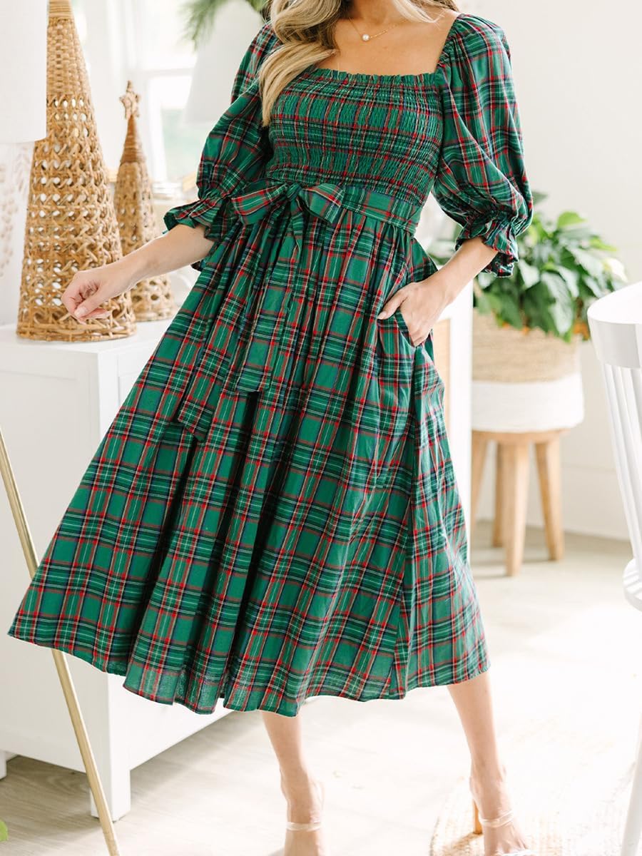 Women Christmas Plaid Maxi Dress Puff Sleeve Smocked Long Flowy Dress Bow Tie Ruffle Gingham Dresses - Image 2