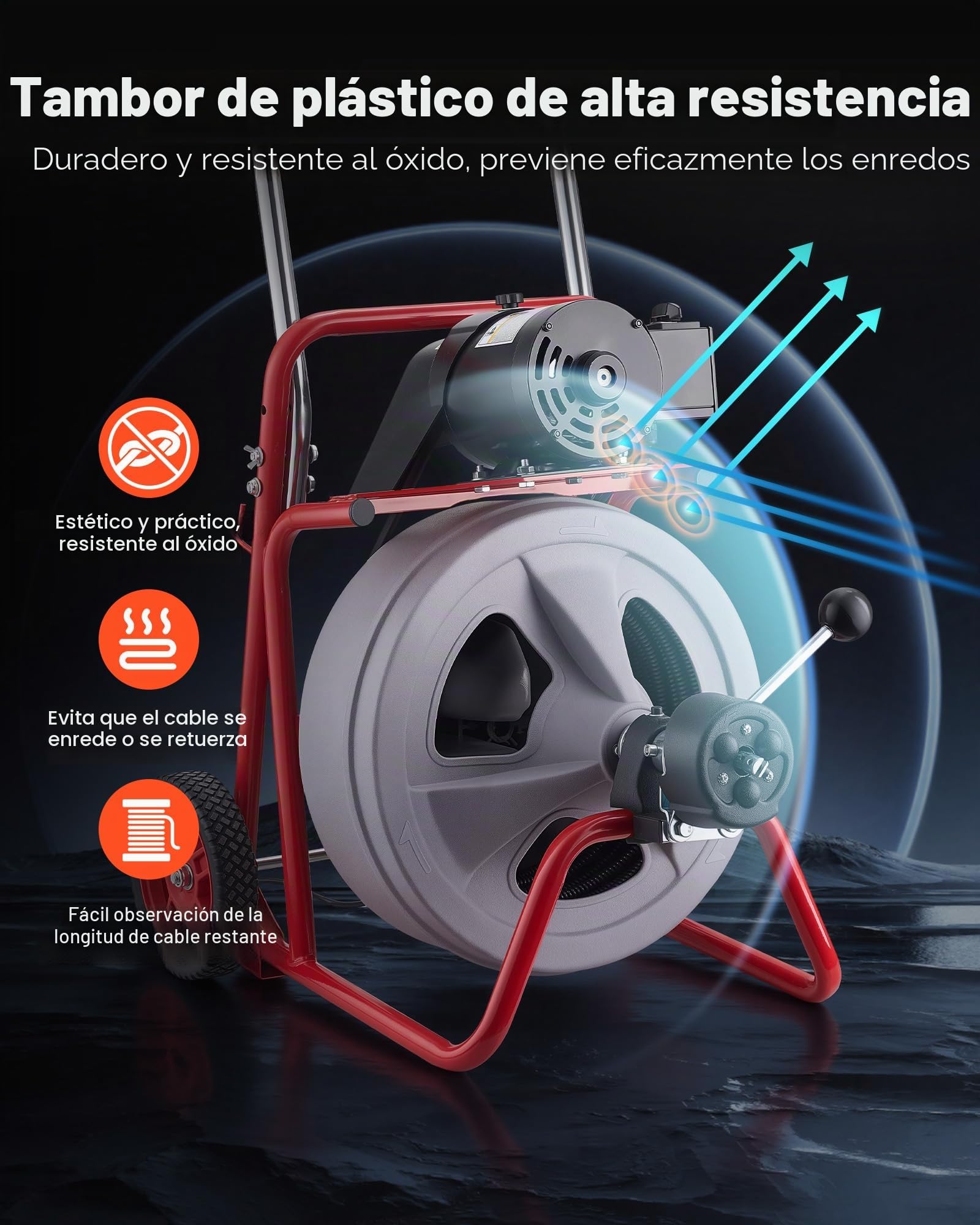 VEVOR Desatascador de Desagües Eléctrico 30 m x 13 mm, Máquina de Limpieza de Tuberías con Alimentación Automática, Tambor de Plástico, Limpiador de Tubos de Drenaje para Tuberías de 5-10 cm