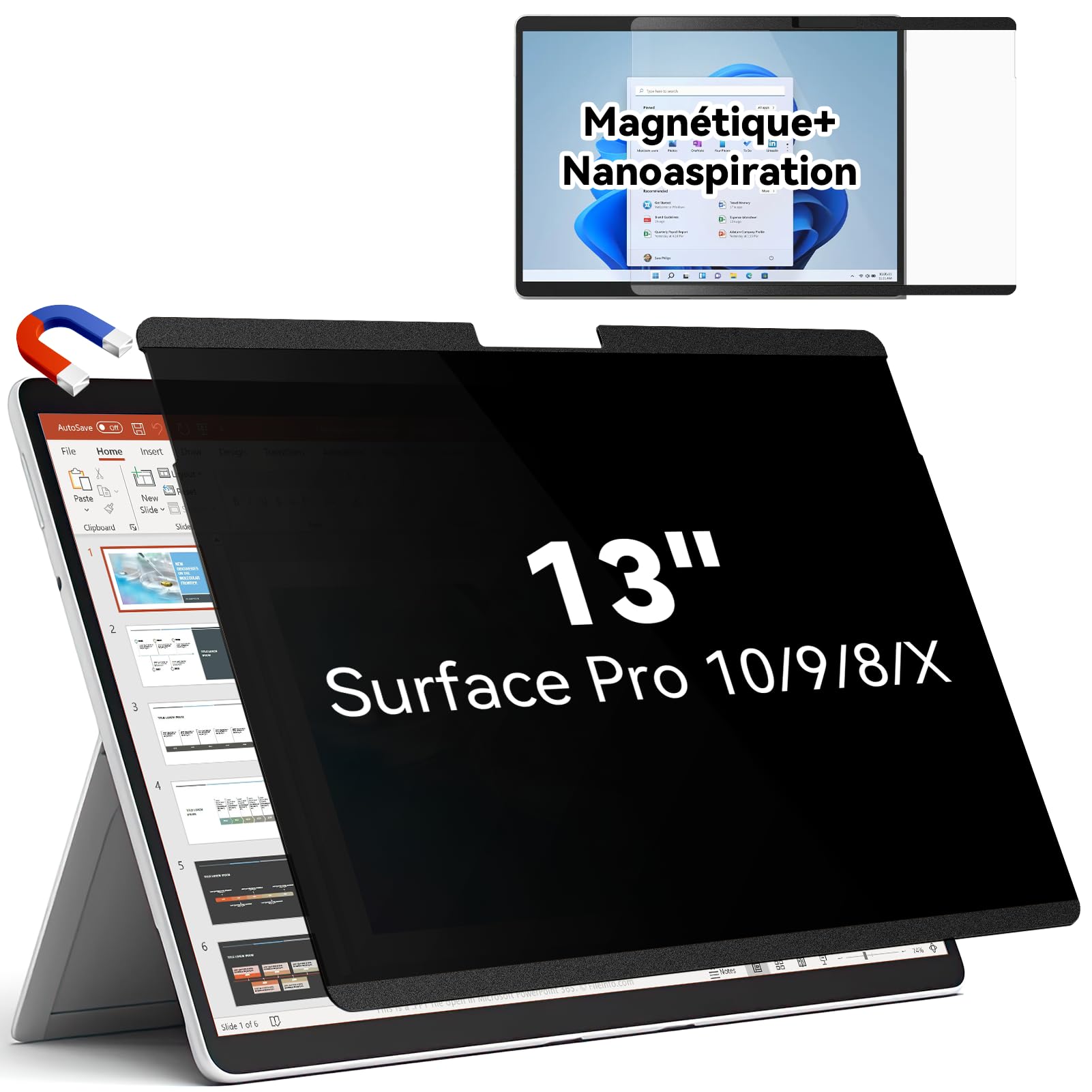IPROKKO Filtre de Confidentialité Magnétique Pour 13 Pouces Surface Pro 11/10/9/8/X, Protection D'écran Amovible, Anti Lumière Bleue, Anti Reflet, Ecran Anti Espion Pour Microsoft Surface
