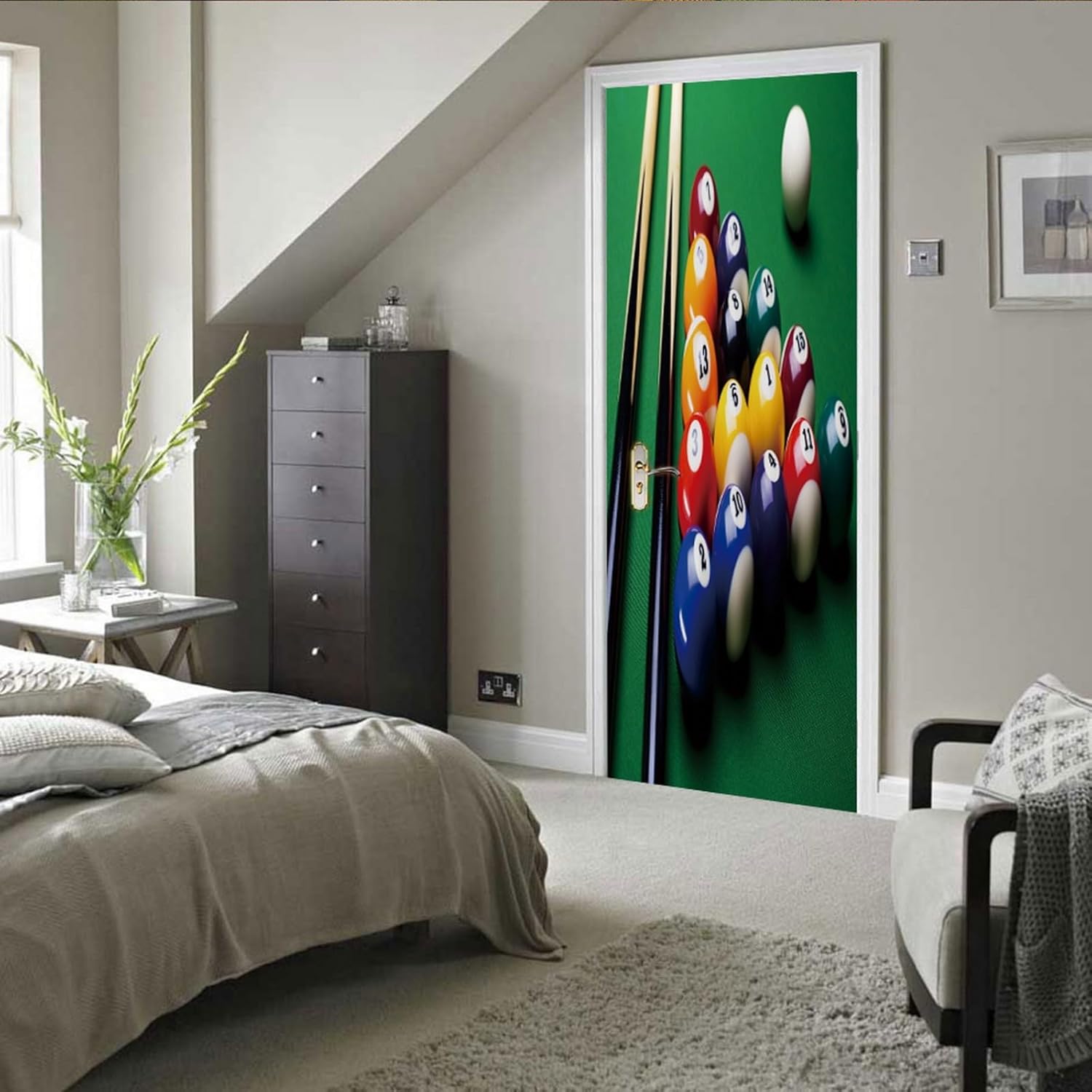 A.Monamour 3D Door Stickers for Interior Doors Billiard Balls and Billiard Cue on Green Table Vinyl Waterproof Self Adhesive Door Mural Decals for Bedroom Office Bathroom 90x200cm