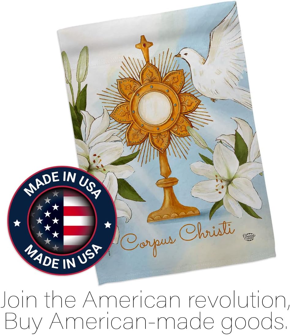 Corpus Christi House Flag Religious First Communion Gifts Cross Chalice Holy Eucharist Christian Religion Tradition Catholic Home Decoration Indoor Banner Small Garden Yard Lawn Porch Outdoor Wall Tapestry Made In USA