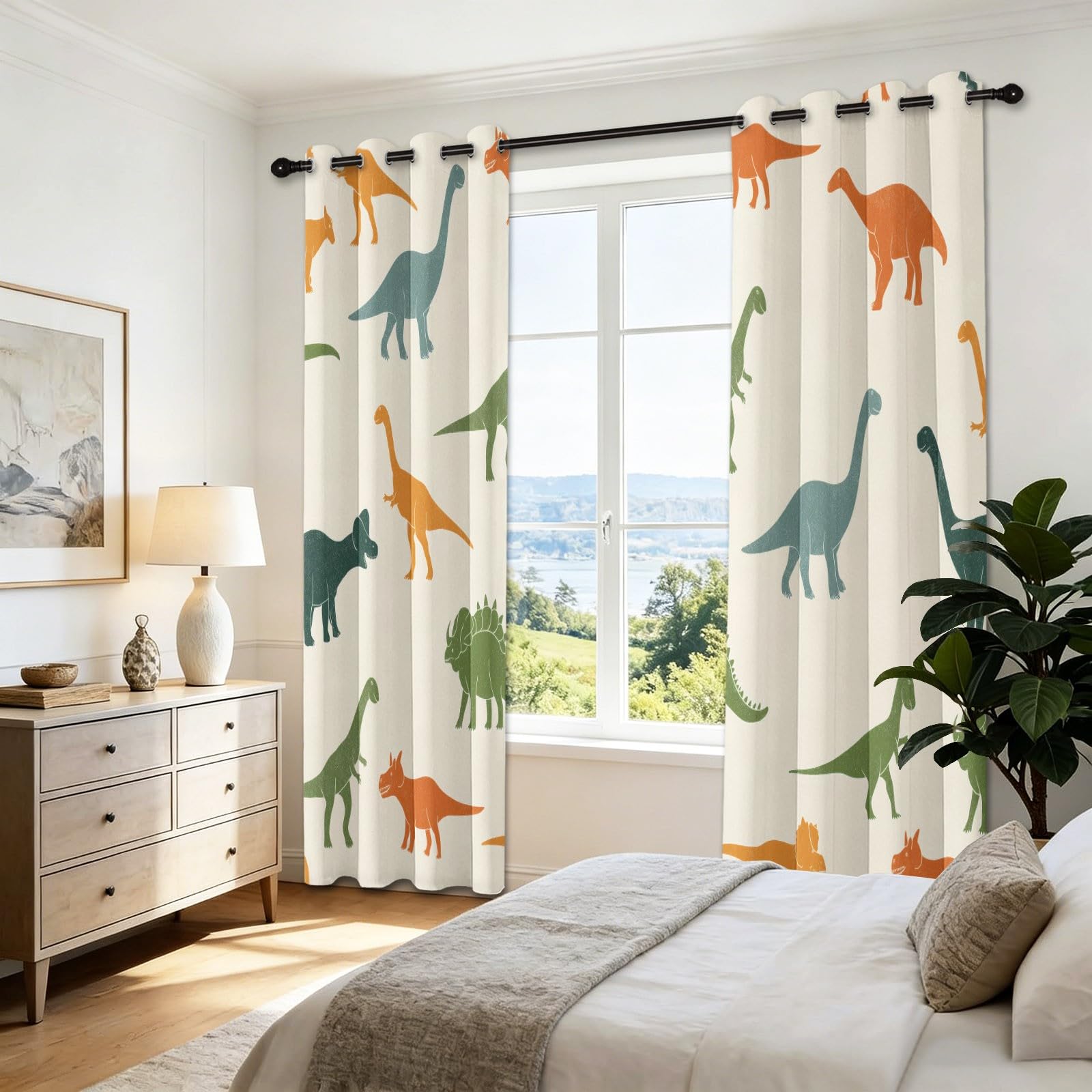 Rideaux Occultant 110L X 215H cm Lot de 2 avec Oeillets, Beige Rideau Salon Chambre Cuisine Dessin Animé Drôle Animal Dinosaure Rideau Thermique Isolant Anti Froid et Chaleur pour Garçon et Fille