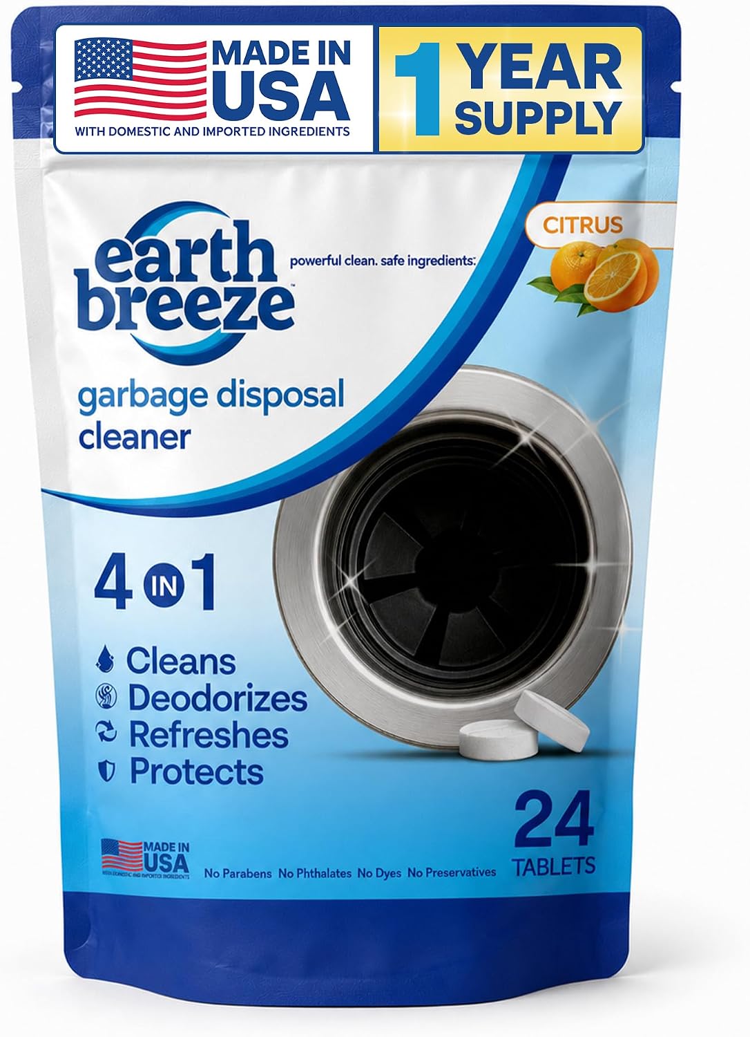 Earth Breeze Garbage Disposal Cleaner Tablets 4-in-1 Citrus Scented