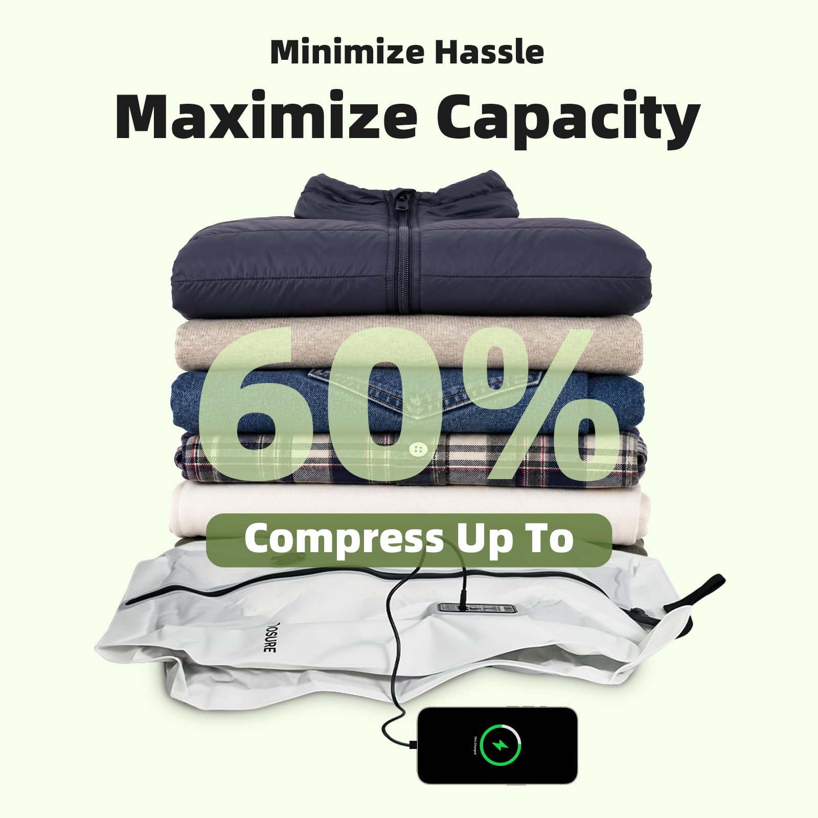 50L Vakuum-Reisetasche mit eingebauter USB-C-Pumpe, 100% batteriefreier Kompressionsbeutel für Reisen, Typ-C-platzsparender Packwürfel, universelle Passform für Koffer & Handgepäck