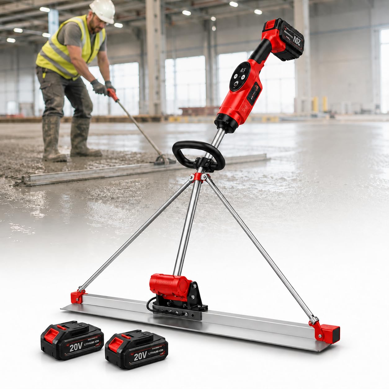 Battery Powered Concrete Vibrating Tamper Ruler, Cordless Cement Screed Finishing Machine with 5FT Stainless Board, 9-Speed & Large Lithium Battery for Residential & Commercial Work dualbattery