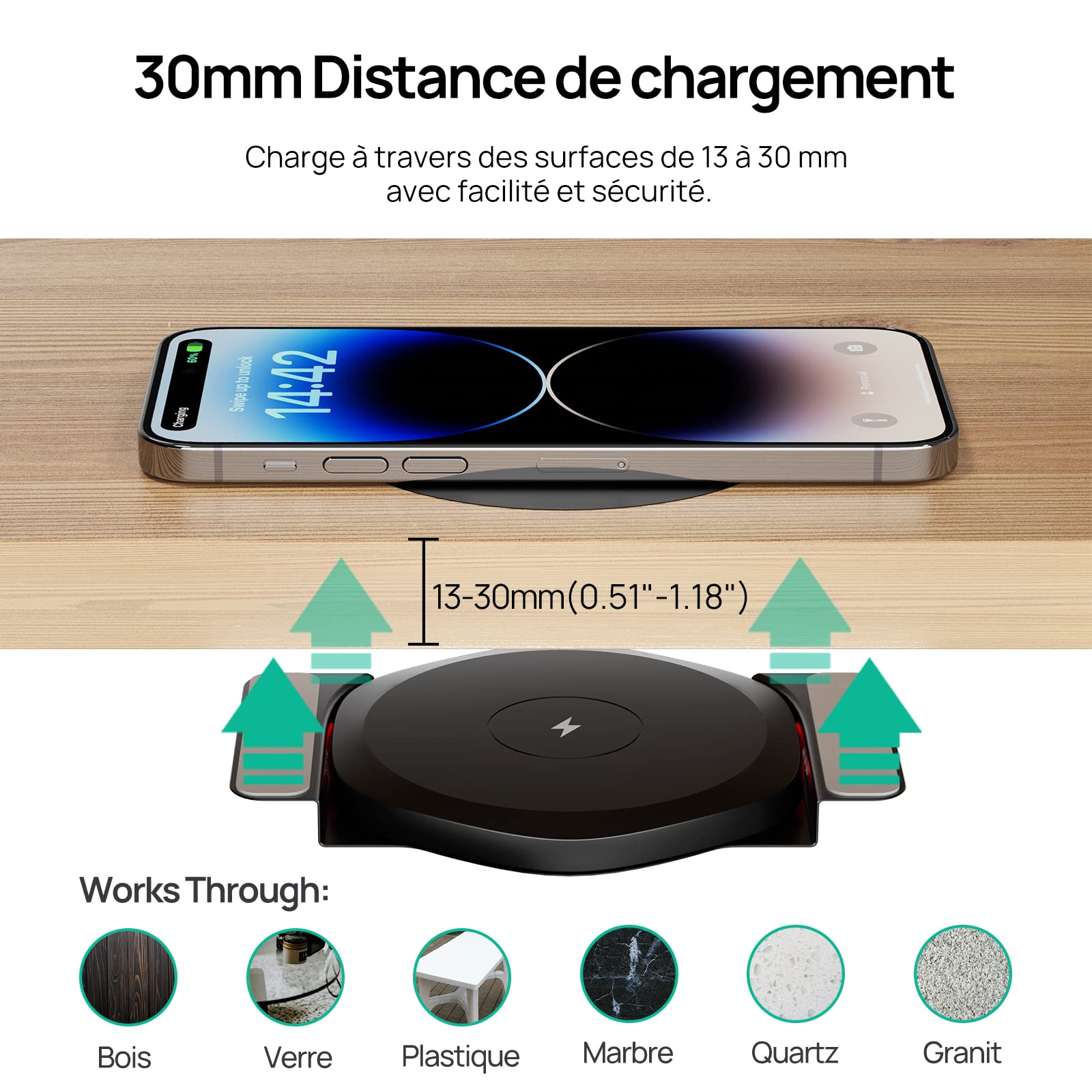 KPON Chargeur sans Fil Invisible, 30mm caché sous la Table, Chargeur inductif pour iPhone 16/15/14/13/12/11/Pro/Mini/Max/Xs, Samsung S24/S23/S22/S21/S20/S10/S9/S8