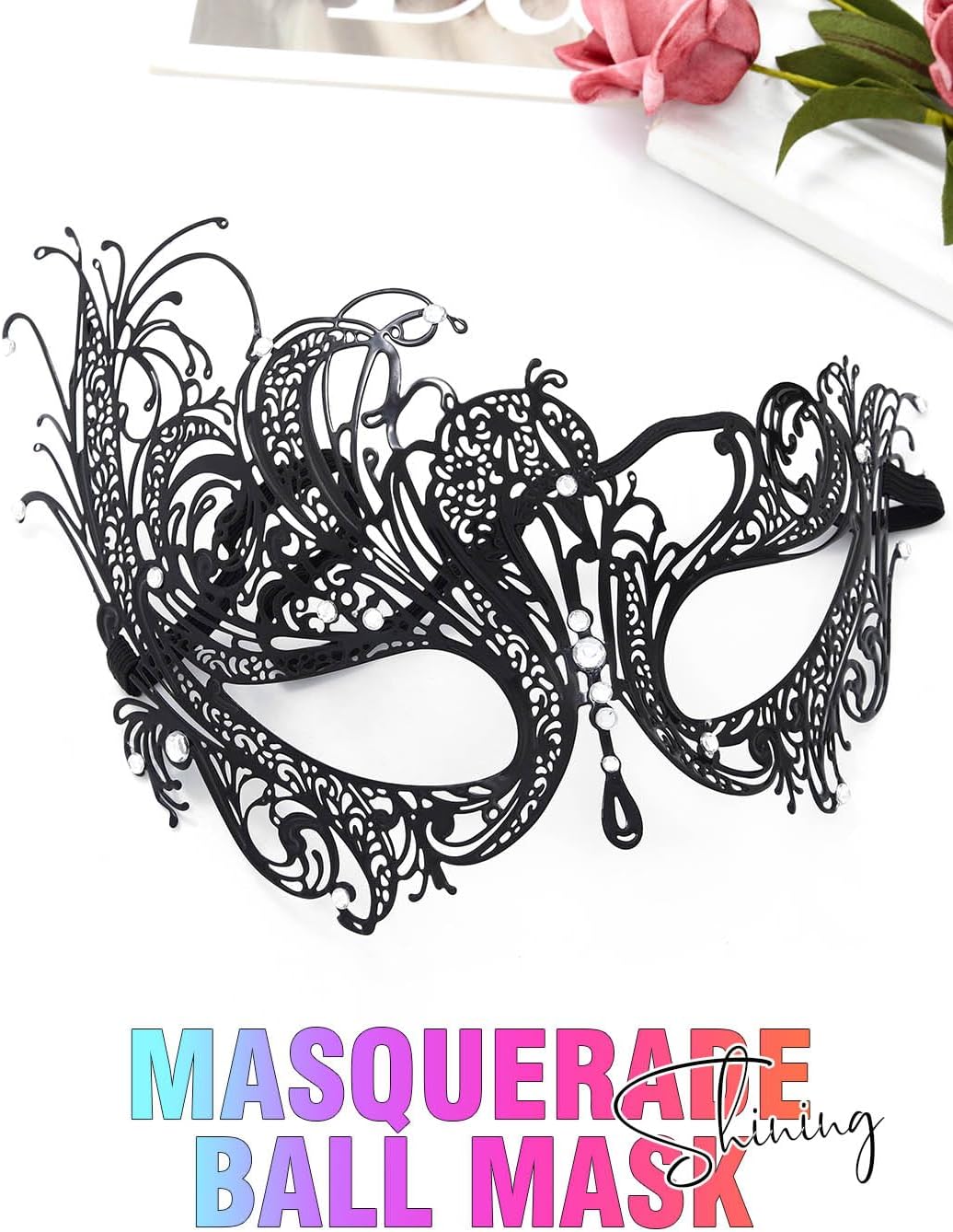 Campsis Women Masquerade Mask Black Metal Mask Rhinestone Party Ball Masks