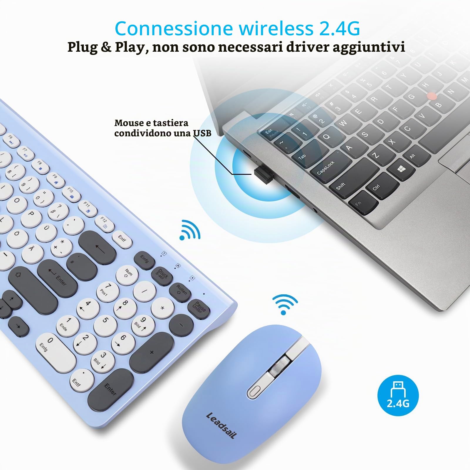 LeadsaiL, Set di mouse per tastiera senza fili, mouse e tastiera ergonomici, tastiera e mouse wireless per PC, layout tedesco QWERTZ, tasti silenziosi per tastiera e mouse, MacOS PC, laptop, colorato